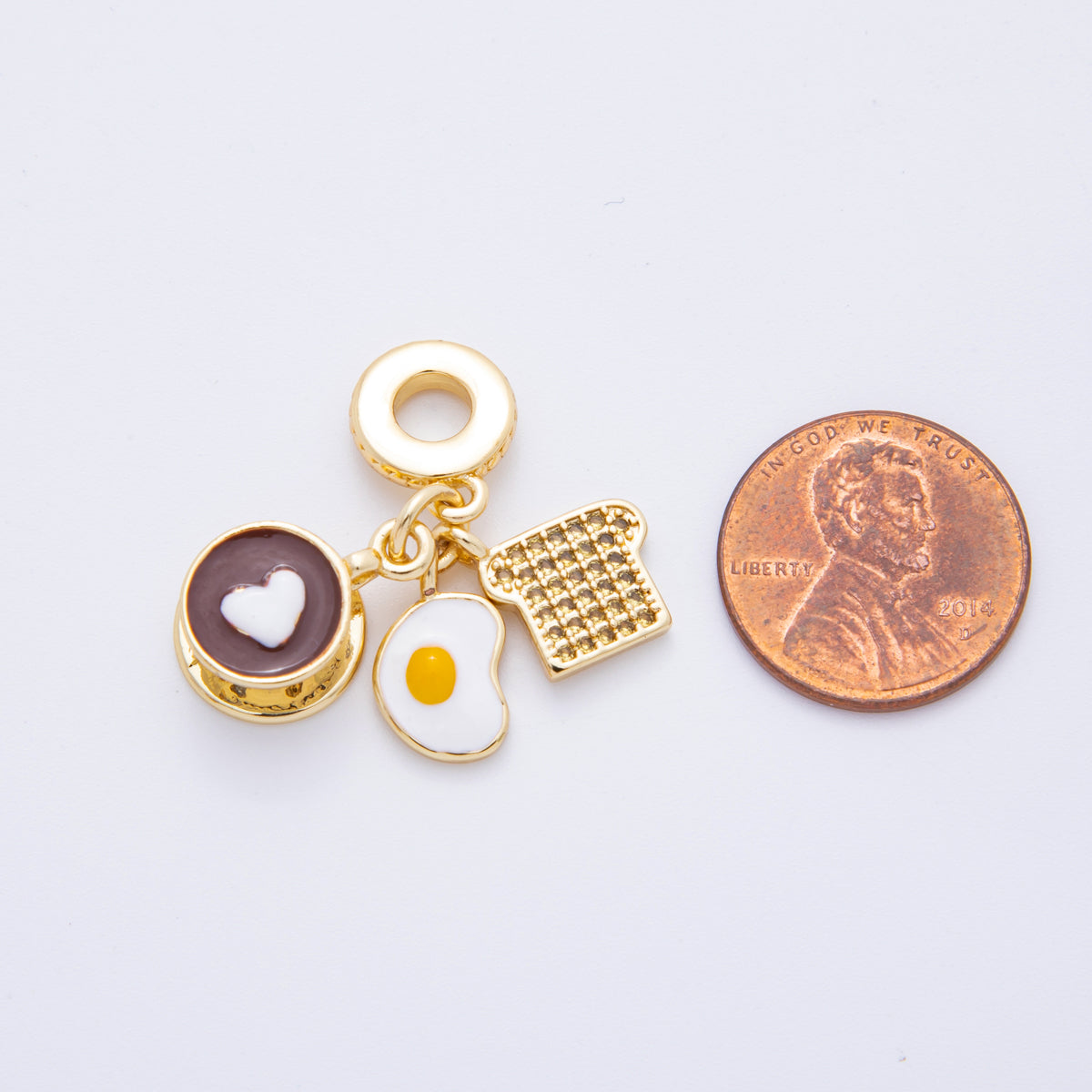 18K Gold Filled 31mm Coffee, Egg, Bread Breakfast Set Rondelle Drop Charm | N1415