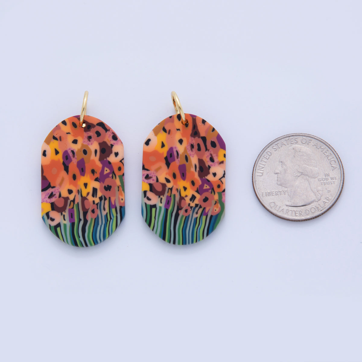 18K Gold Filled Multicolor Sunset Flower Polymer Clay Oblong Charm | AF374