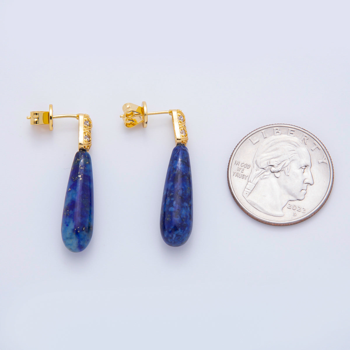 18K Gold Filled Lapis Lazuli Drop Micro Paved CZ Quilted Drop Stud Earrings | AJ231