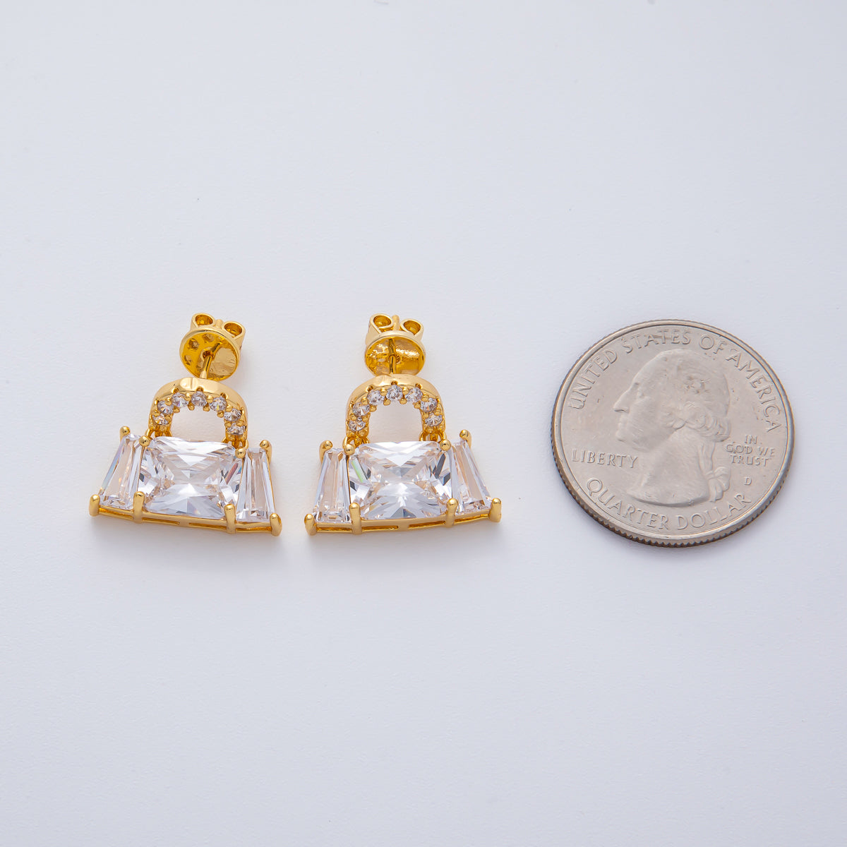 18K Gold Filled 17.5mm Clear Baguette Micro Paved CZ Purse Bag Stud Earrings | AD1623