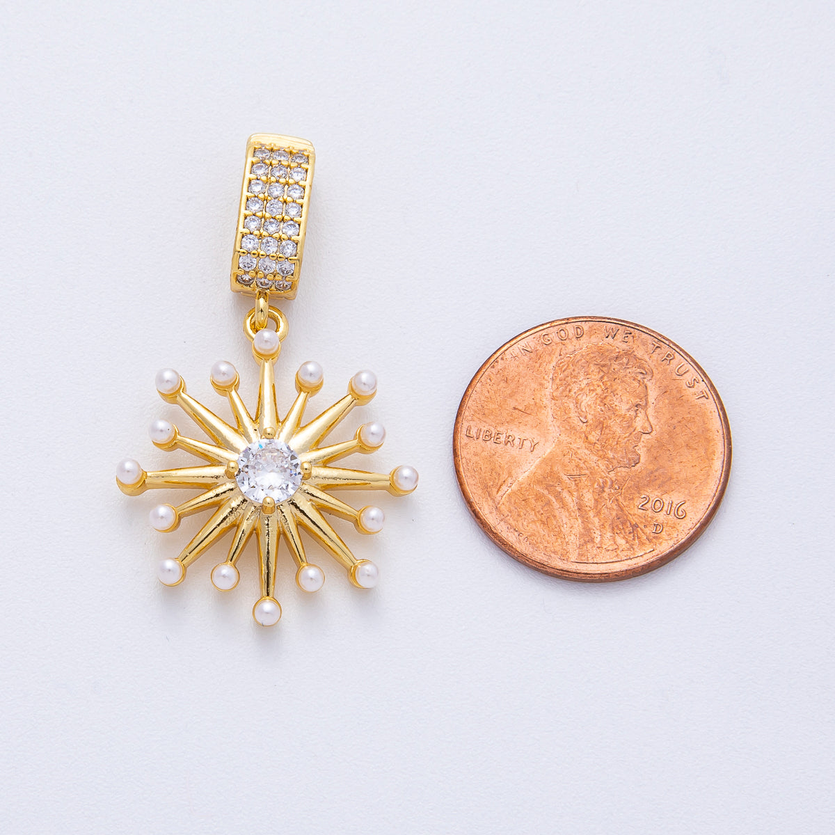 18K Gold Filled Shell Pearl Micro Paved CZ Celestial Sunburst Pendant | AF1212