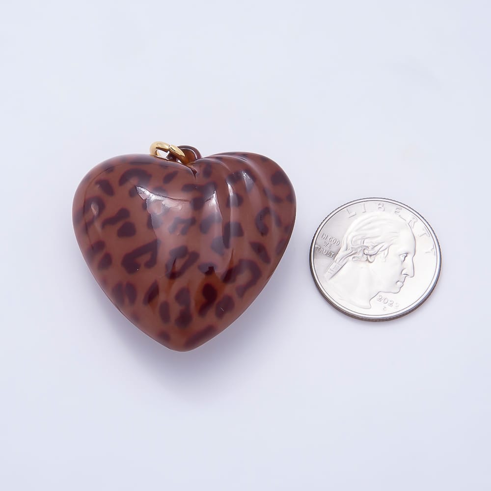 AUNTUMN FALL 18K Gold Filled 40mm Cheetah Leopard Print Brown Enamel Resin Chubby Heart Charm | Charms-02395