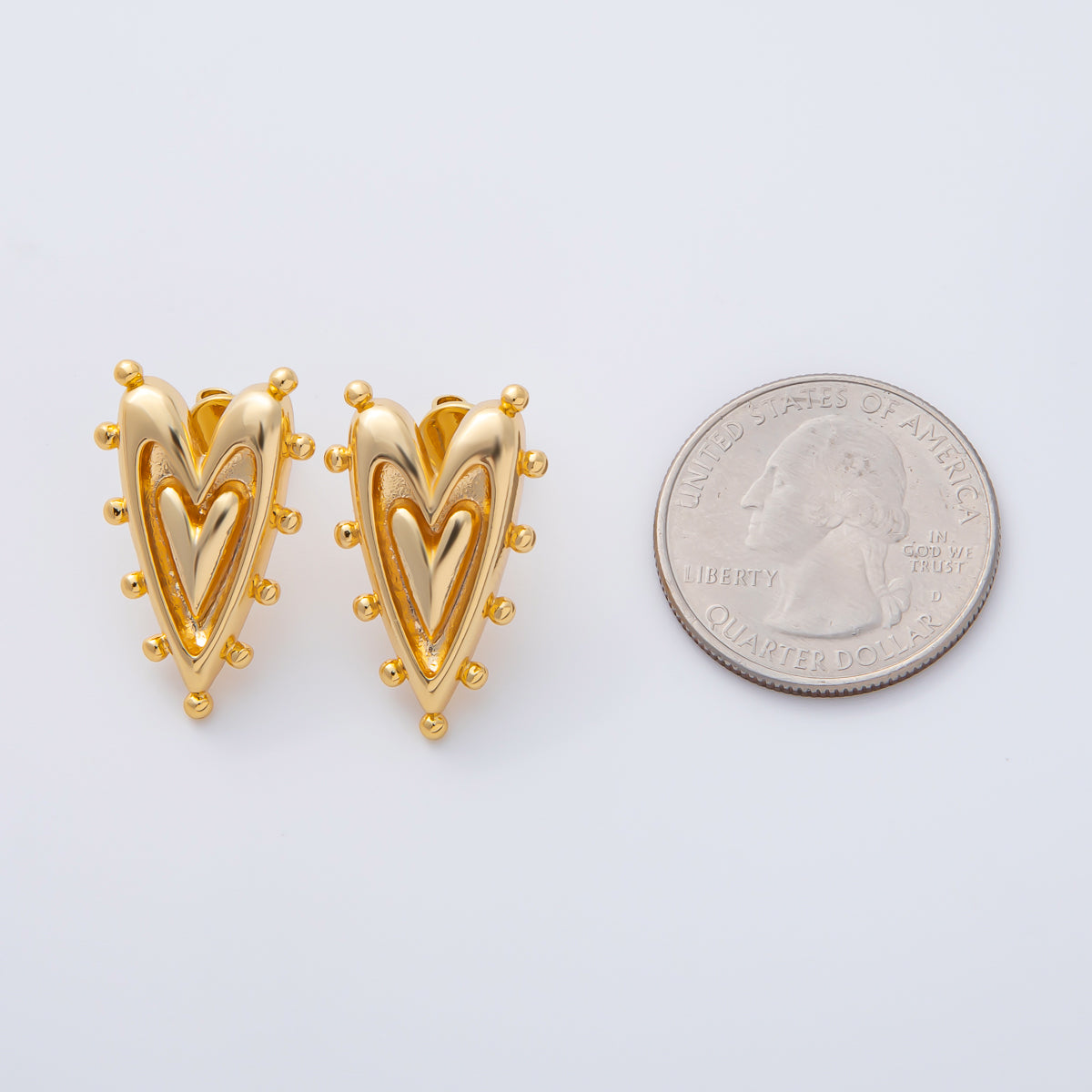 18K Gold Filled 25mm Beaded Double Outline Heart Stud Earrings | AD1591