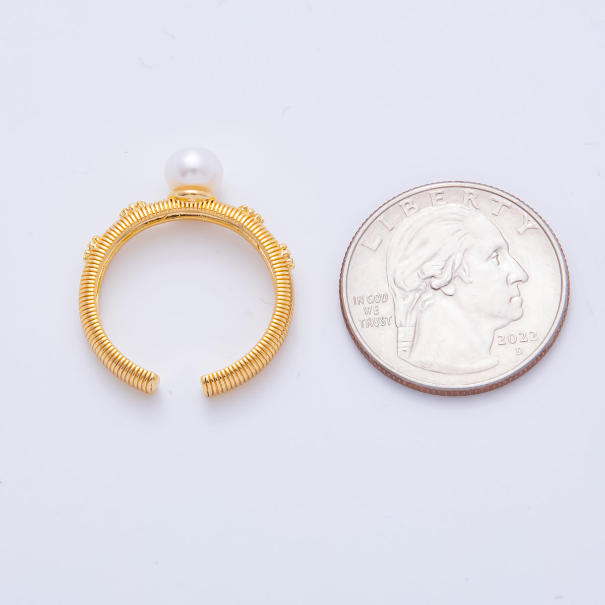 18K Gold Filled Shell Pearl Solitaire CZ Lined Ribbed Adjustable Ring | O-042
