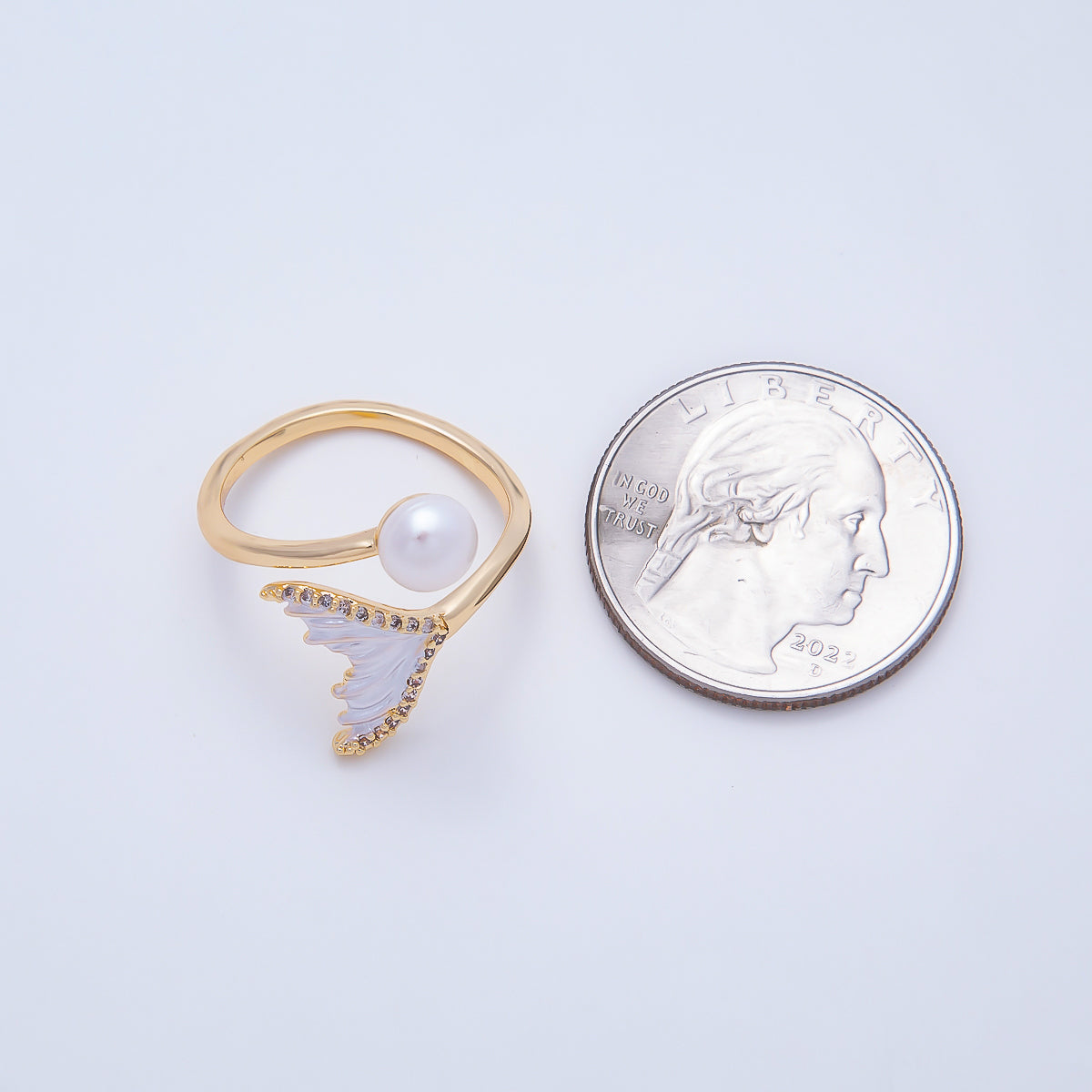 16K Gold Filled Shell Pearl Micro Paved CZ White Enamel Mermaid Tail Ring | Rings-00332