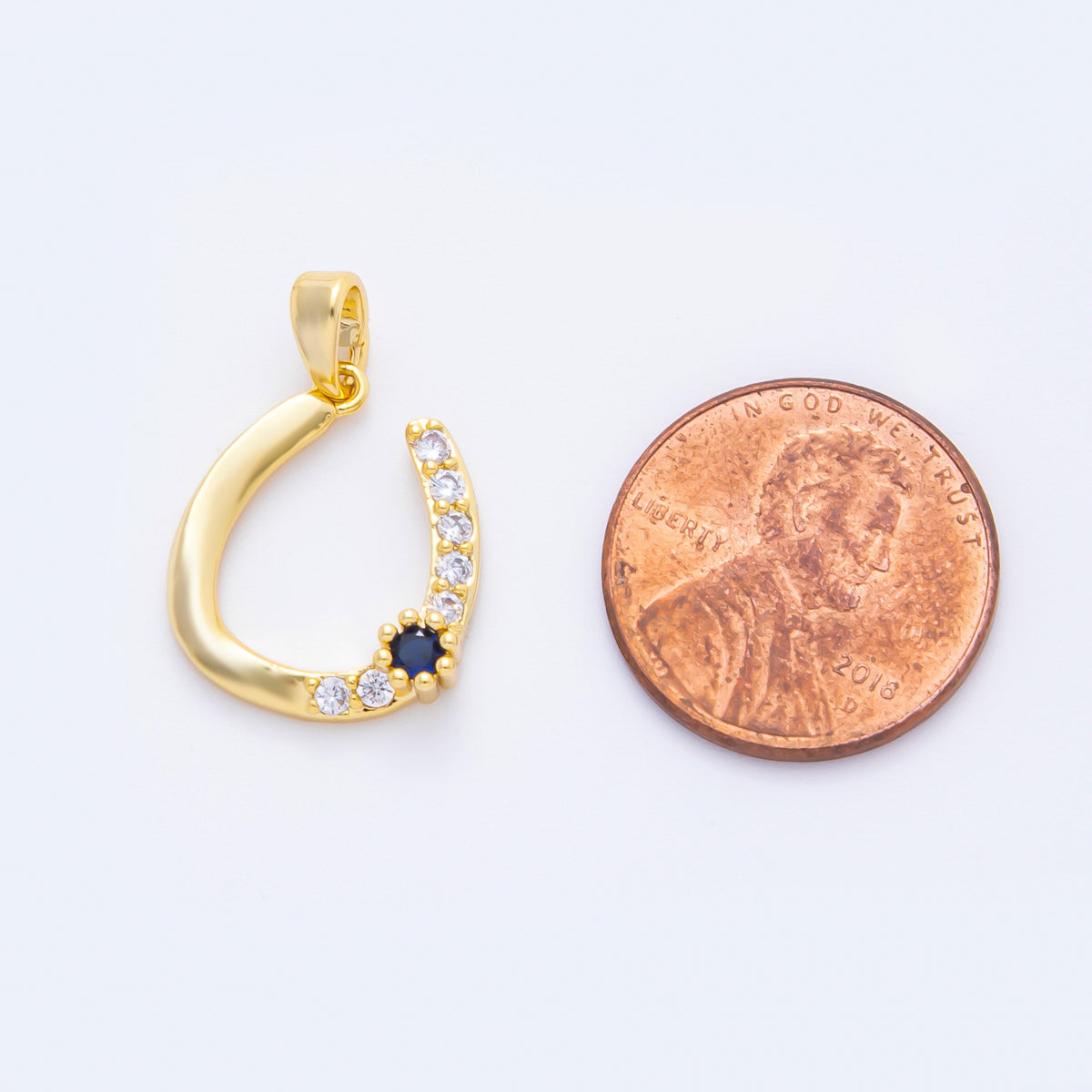 18K Gold Filled 23mm Royal Blue Round & Micro Paved CZ Horsshoe Hook Pendant | AF-A1123