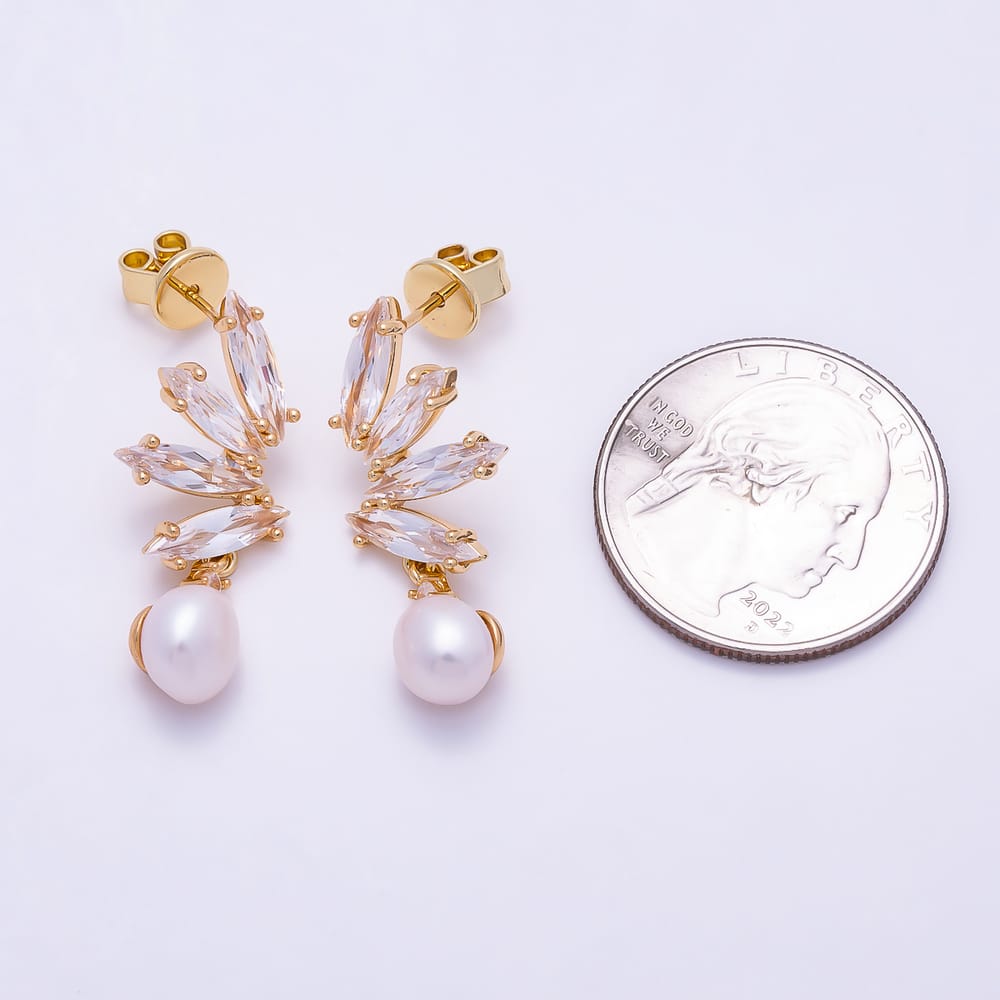 16K Gold Filled 30mm Shell Pearl Marquise Clear CZ Elegant Leaf Cluster Stud Earrings | Earrings-01028