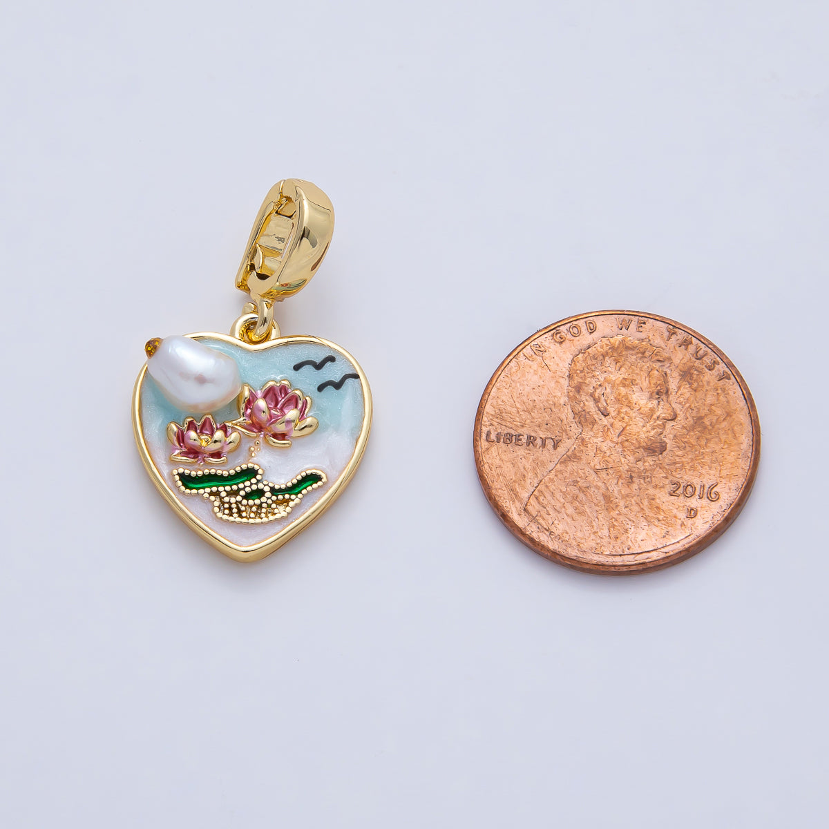 18K Gold Filled 18mm Pink Blooming Lotus Flower with Blue Gradient Heart Frame and White Shell Pearl Pendant Charm | AF1192