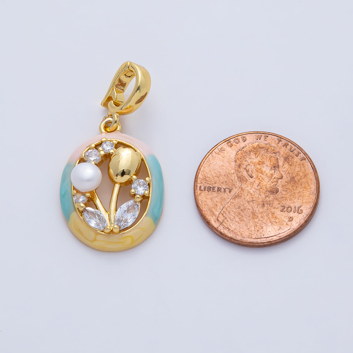 18K Gold Filled 22mm Tulip Flower CZ Shell Pearl Oval Snap Latch Pendant | AF1190