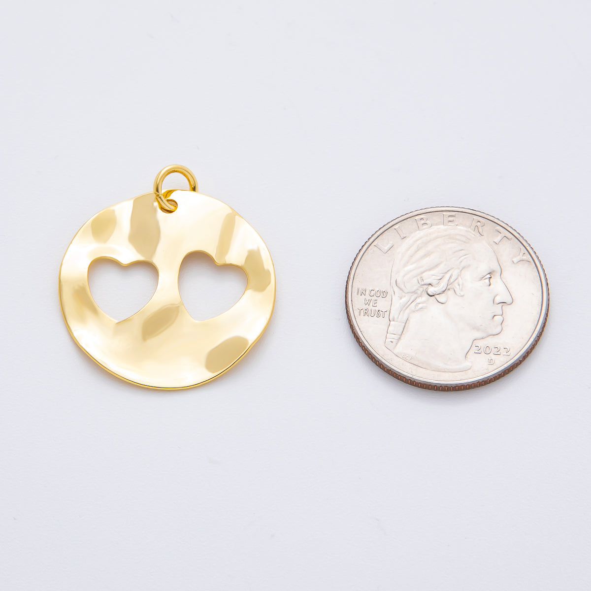 18K Gold Filled 29mm Hammered Rustic Open Twin Heart Charm | N-A1417