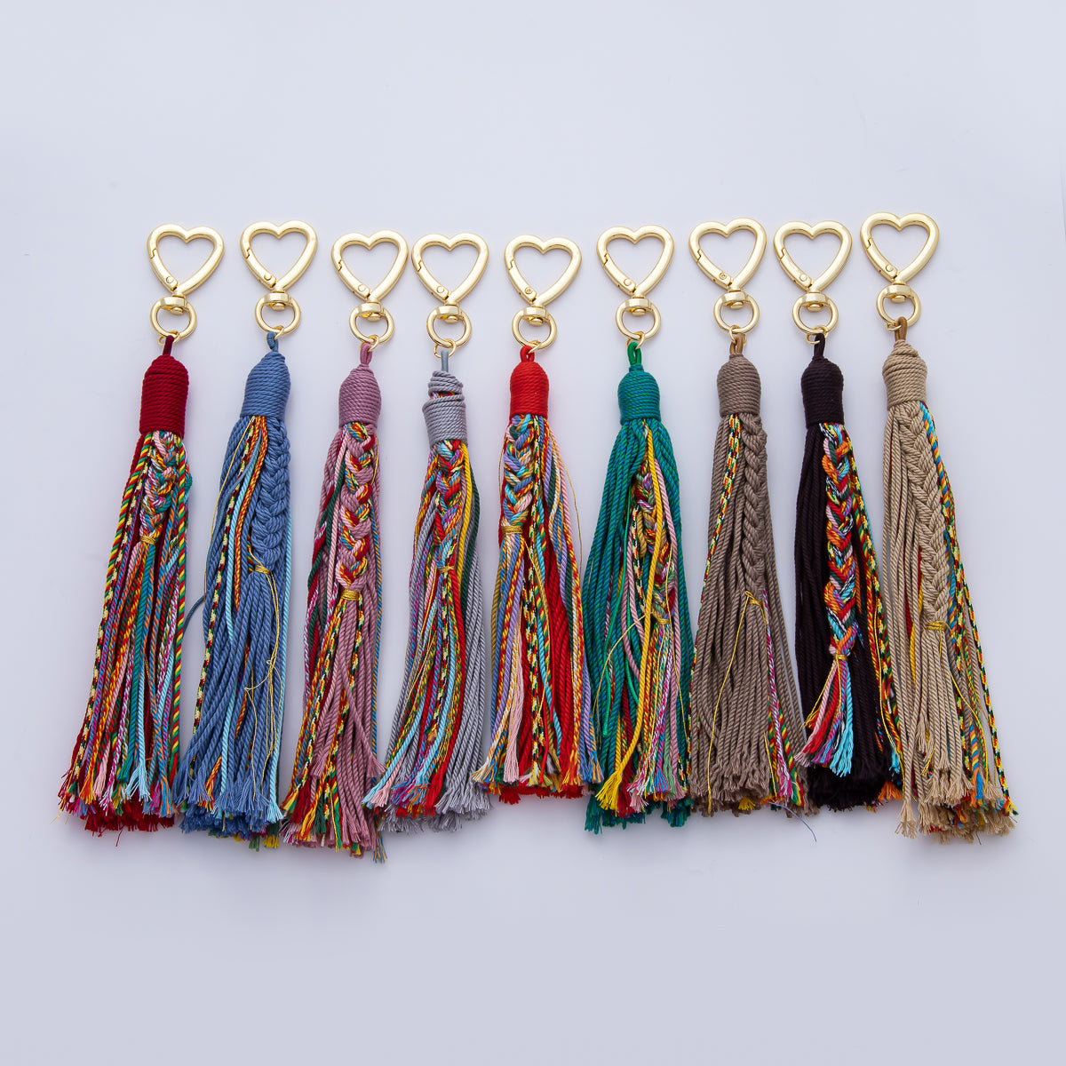 18K Gold Filled 200mm Red, Khaki, Pink Mixed-Knot Tweed Cord Heart Push Gate Keychain Accessories | WB-00220 ~ WB-00228