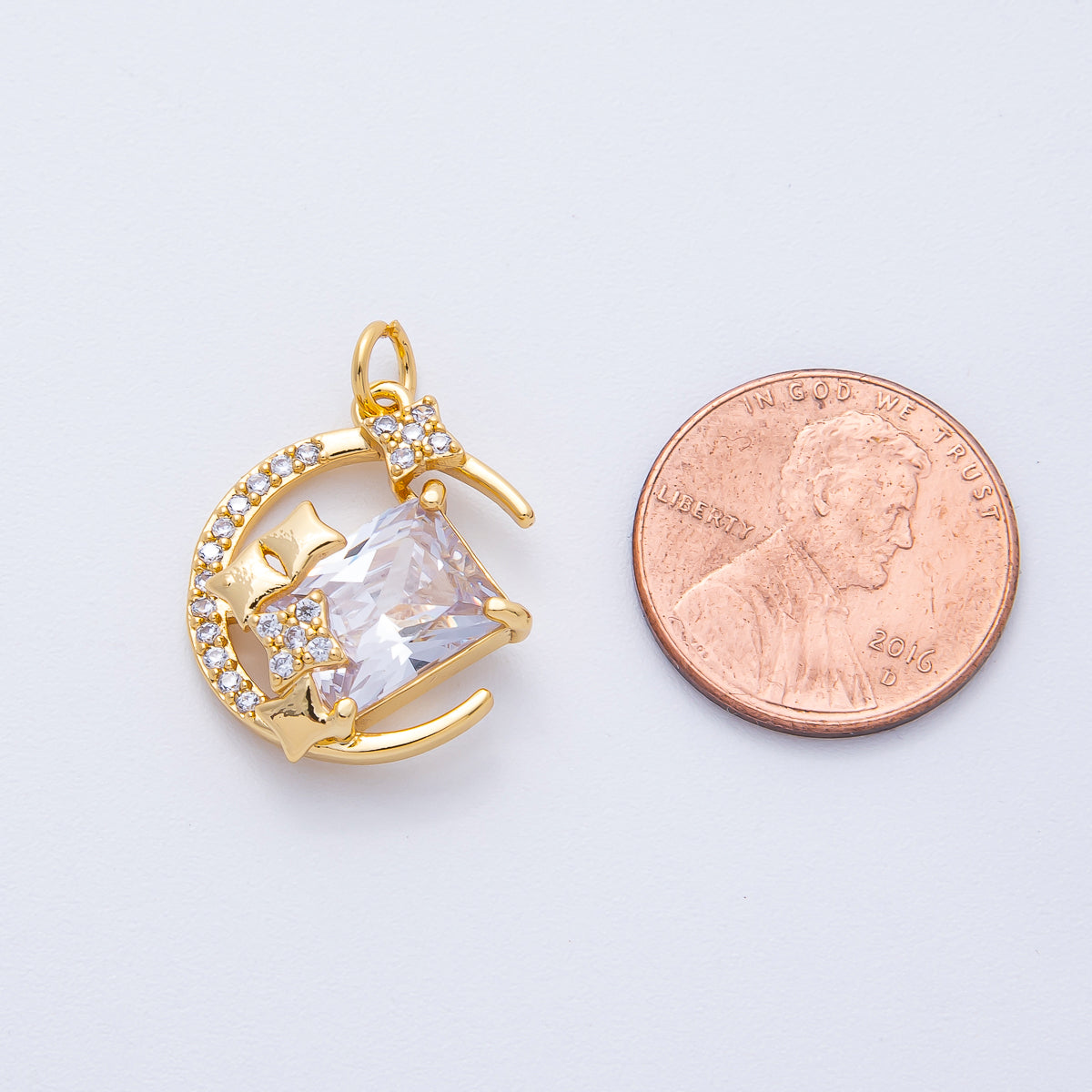 18K Gold Filled 20mm Rhombus Micro Paved CZ Crescent Moon Charm | AK155