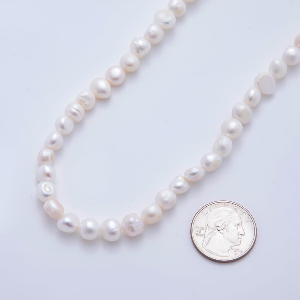 18K Gold Filled 8mm Bridal Genuine Ringed Freshwater Pearl Button Gemstone Chain 16.7 Inch Necklace | WA-03474