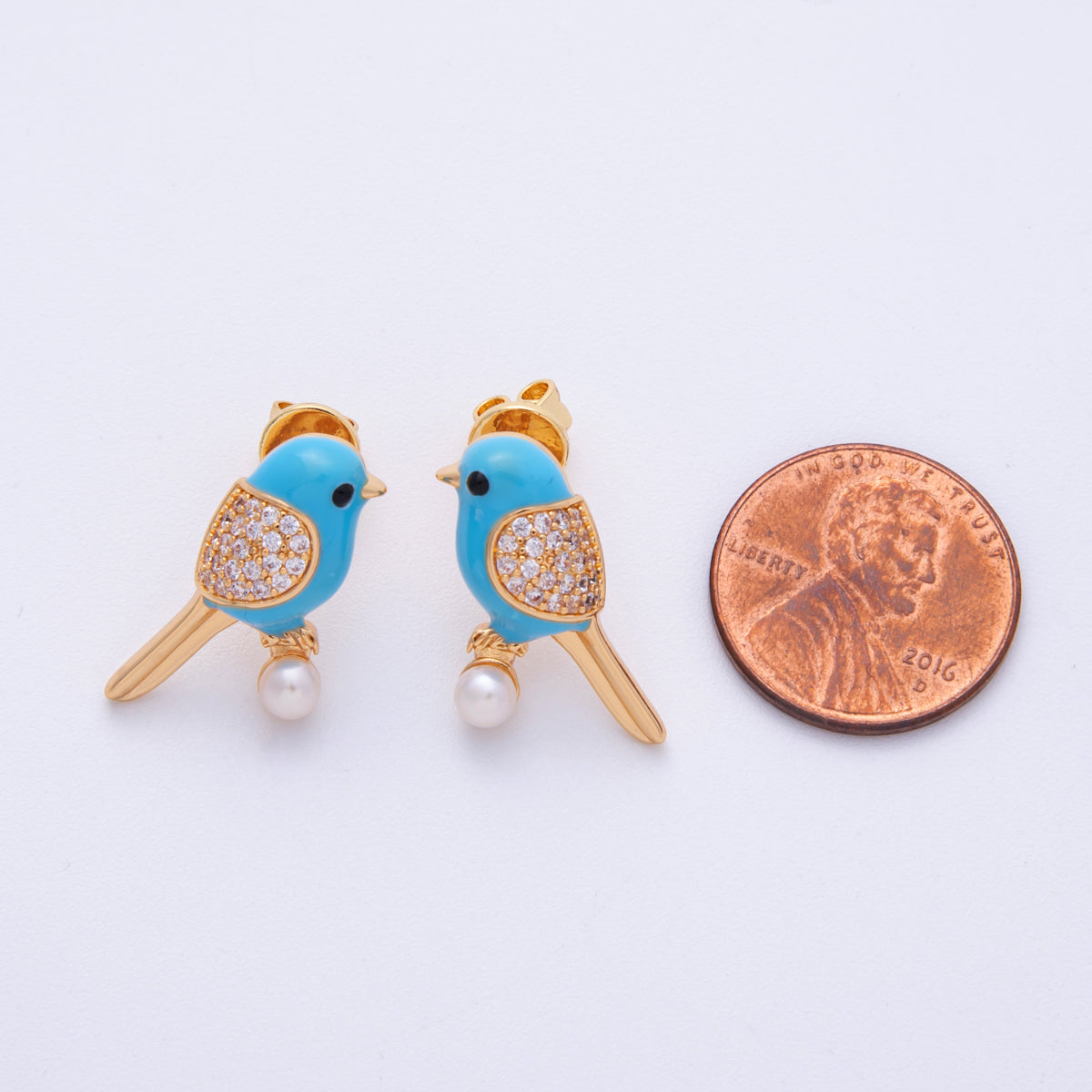 14K Gold Filled 21.5mm Blue Enamel Micro Paved CZ Parrot Bird Stud Earrings | Earrings-020012