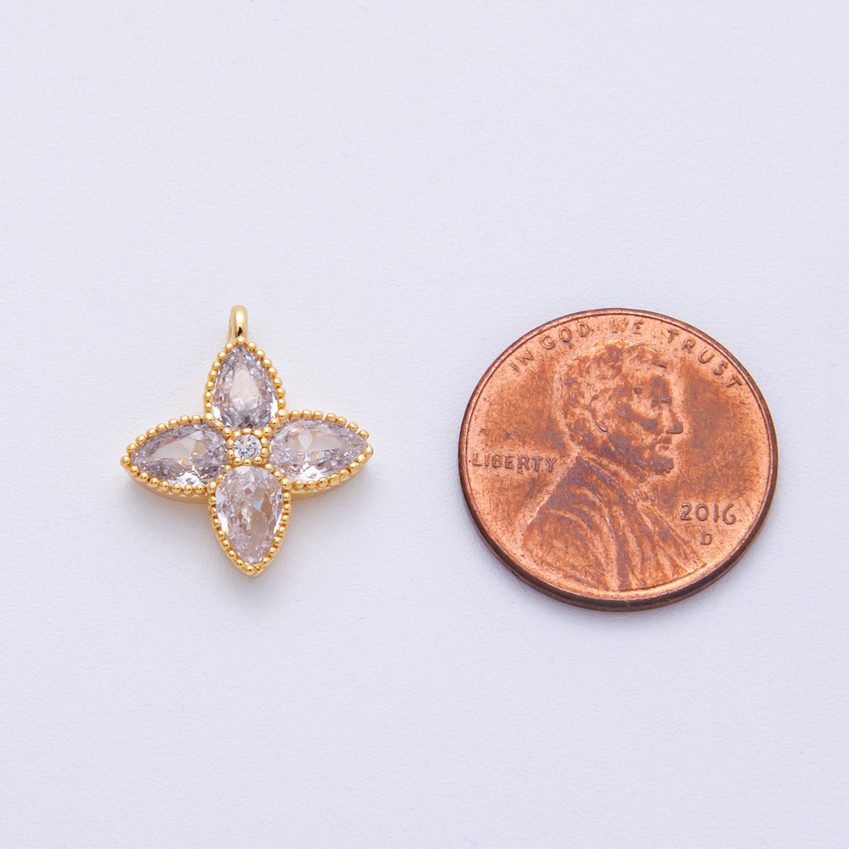 18K Gold Filled 17mm Clear CZ Clover Flower Bezel Charm | H239