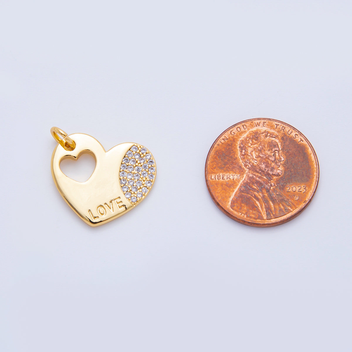 18K Gold Filled 18mm Micro Paved CZ Open Heart in Heart with Love Transcript Charm | N601