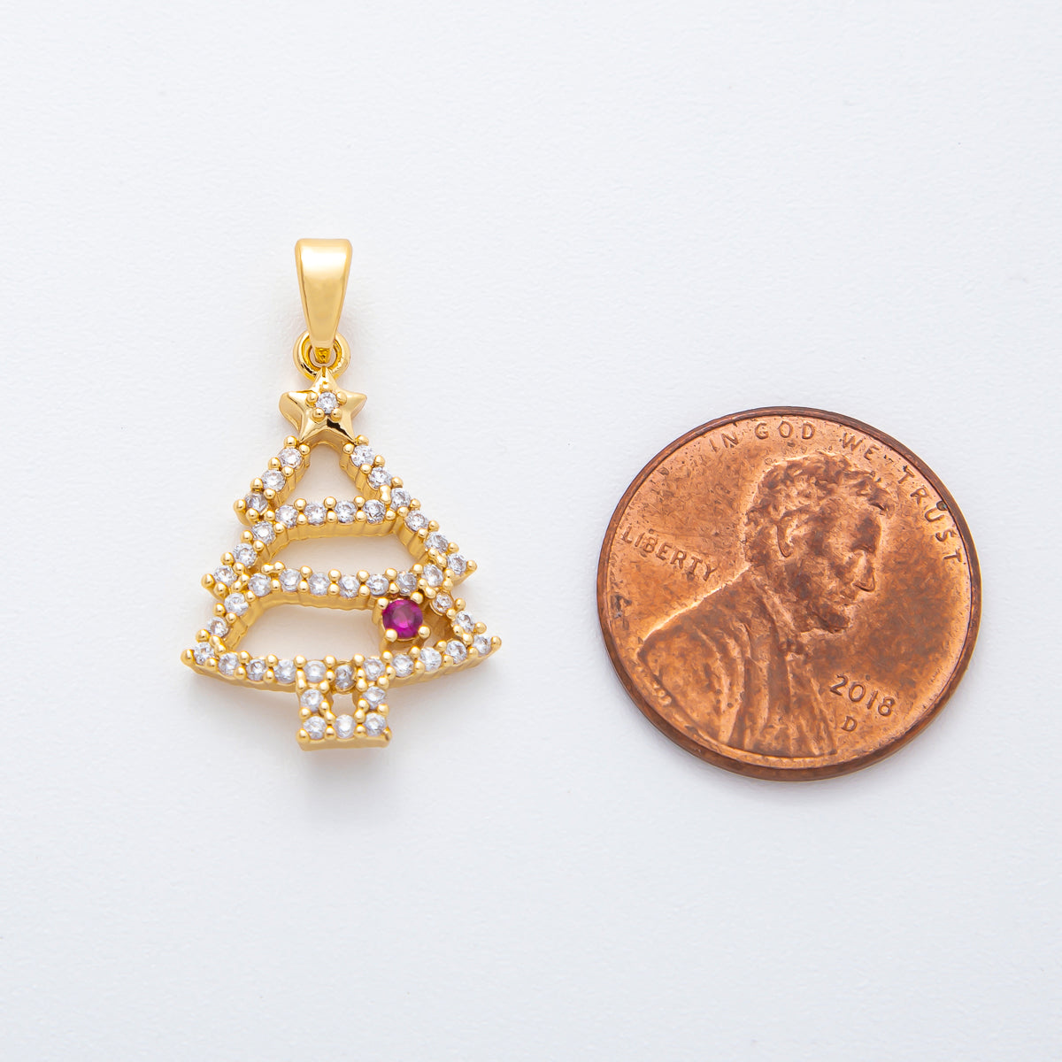 18K Gold Filled 27mm Clear & Fuchsia Micro Paved CZ Christmass Tree Pendant | AF-A1135