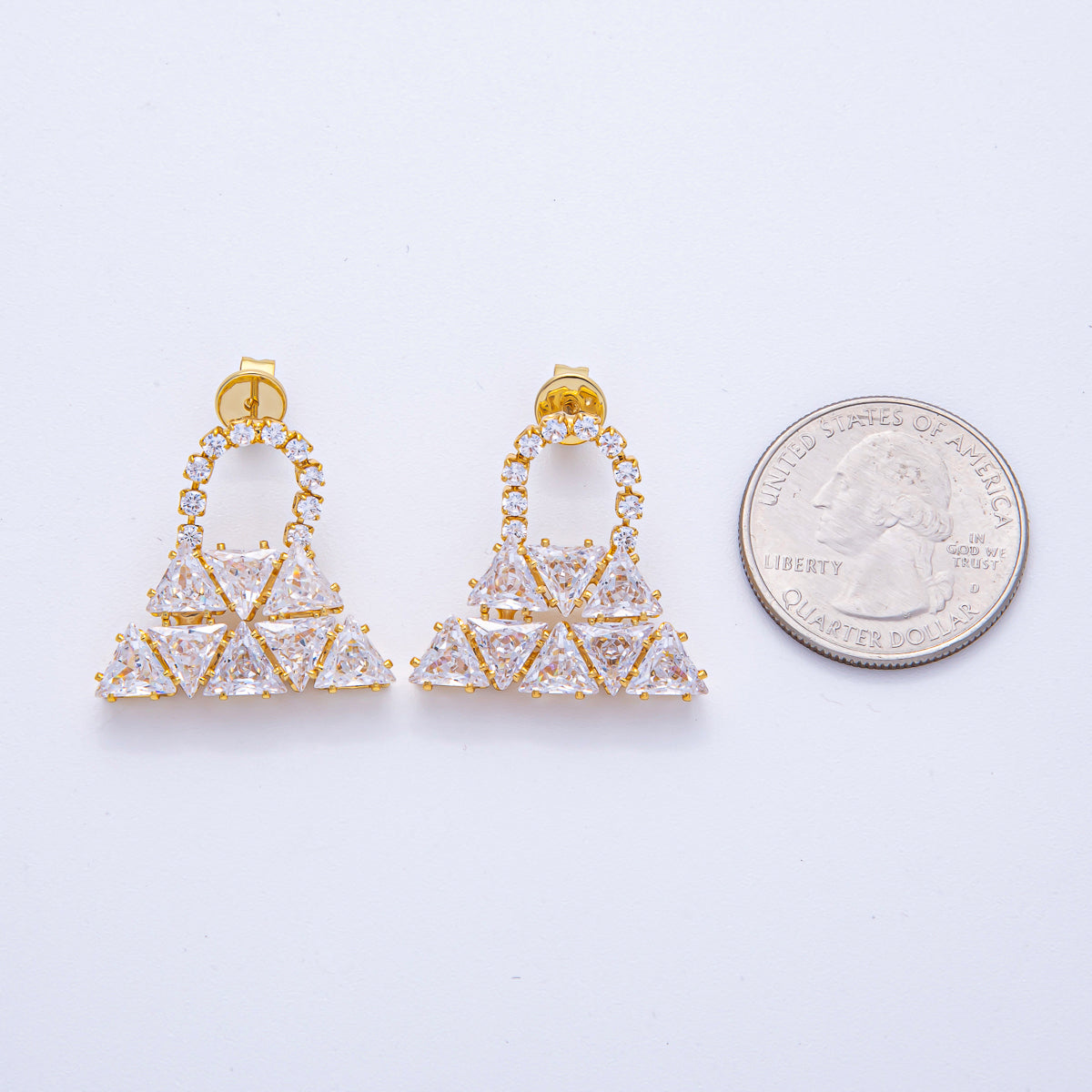 18K Gold Filled 24mm Clear CZ Bag Triangle Geometric Drop Stud Earrings | AD1672