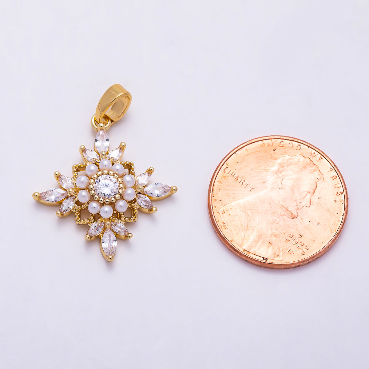 16K Gold Filled 21mm Shell Pearl Marquise CZ Snowflake Floral Pendant | Charms-02023
