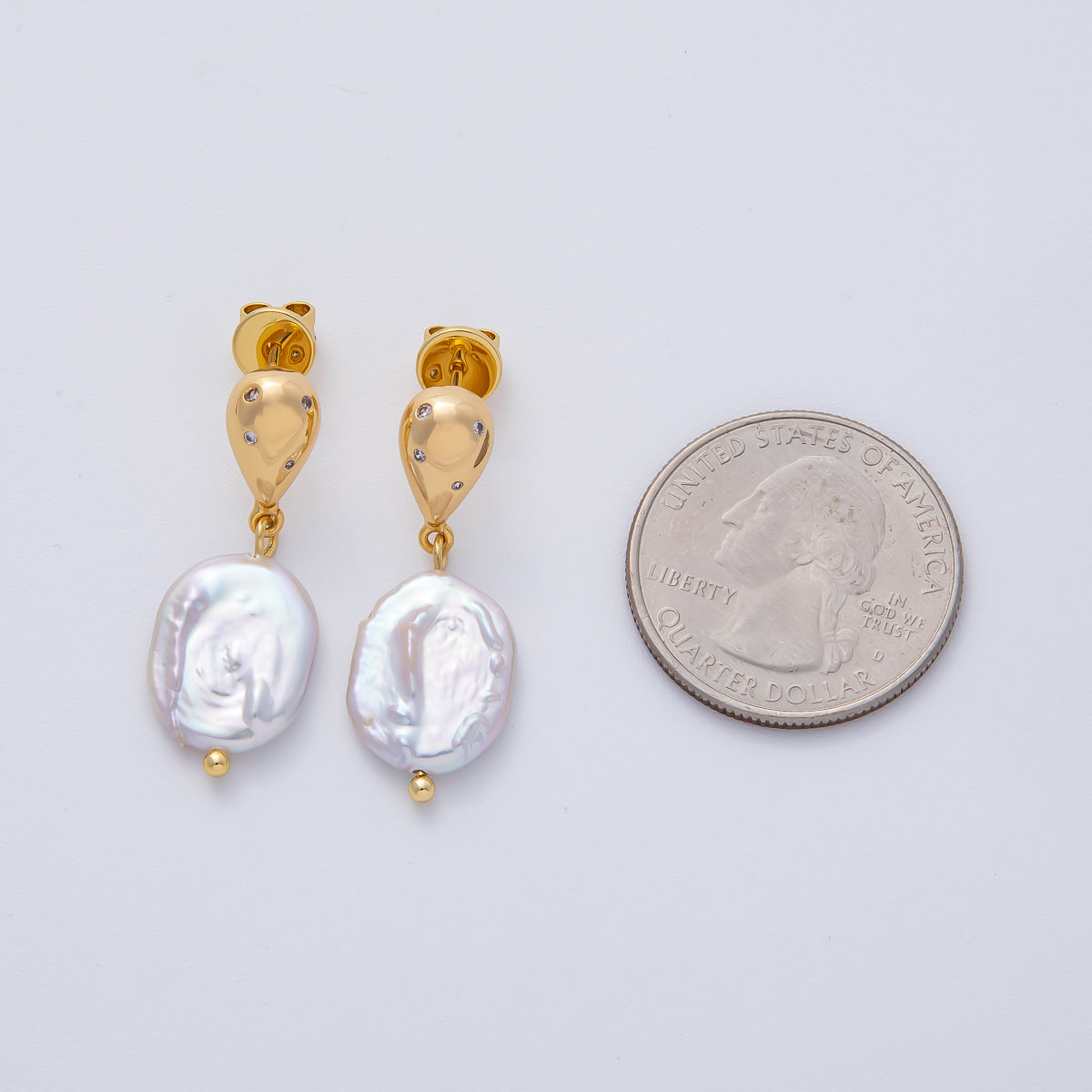 18K Gold Filled 31.5mm Baroque Shell Pearl Drop Stud Earrings | AD1597