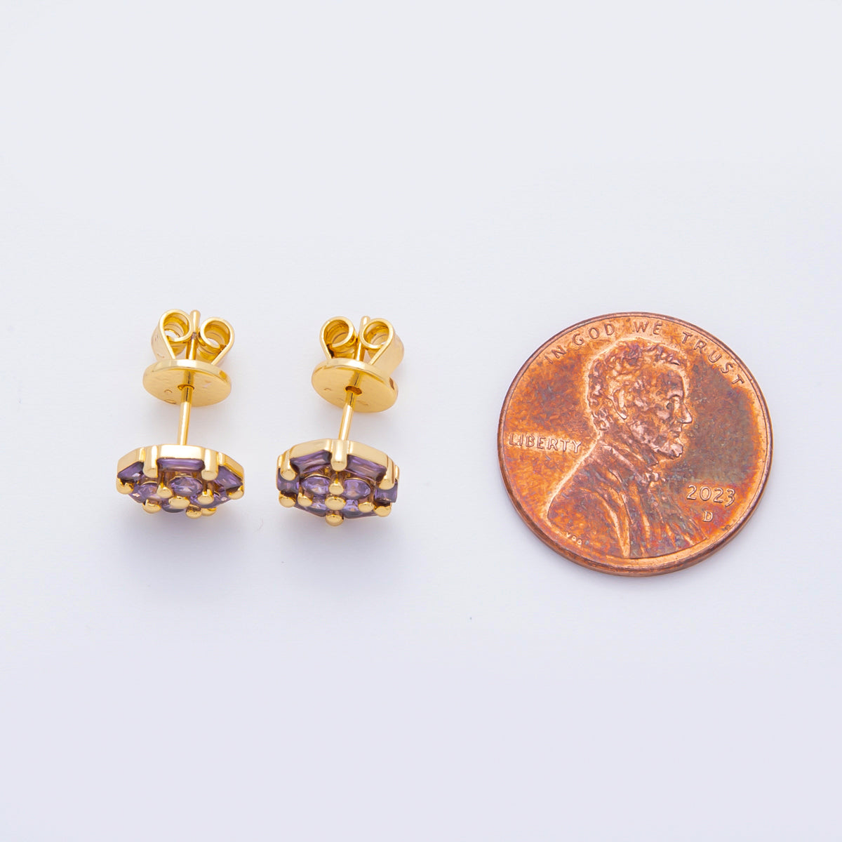 18K Gold Filled Purple & Pink CZ in Micro Paved & Baguette Cut Icy Petal Flower Studs Earrings | AJ204 AJ206