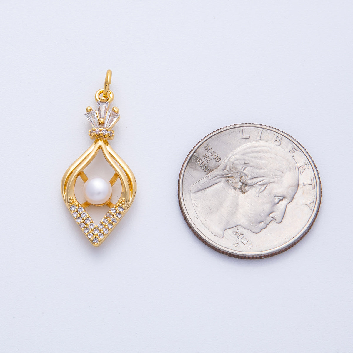 18K Gold Filled 29mm Geometric Shell Pearl Micro Paved CZ Baguette Sphere Charm | AK204