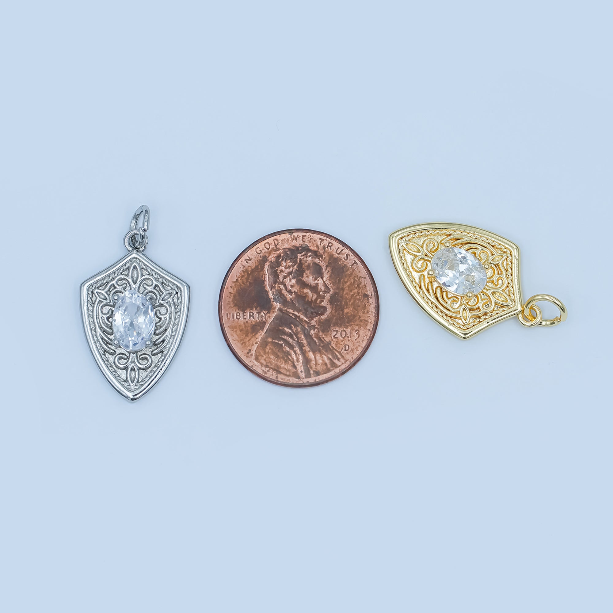 24K Gold Filled Clear CZ Artisan Shield Charm in Gold & Silver | C917