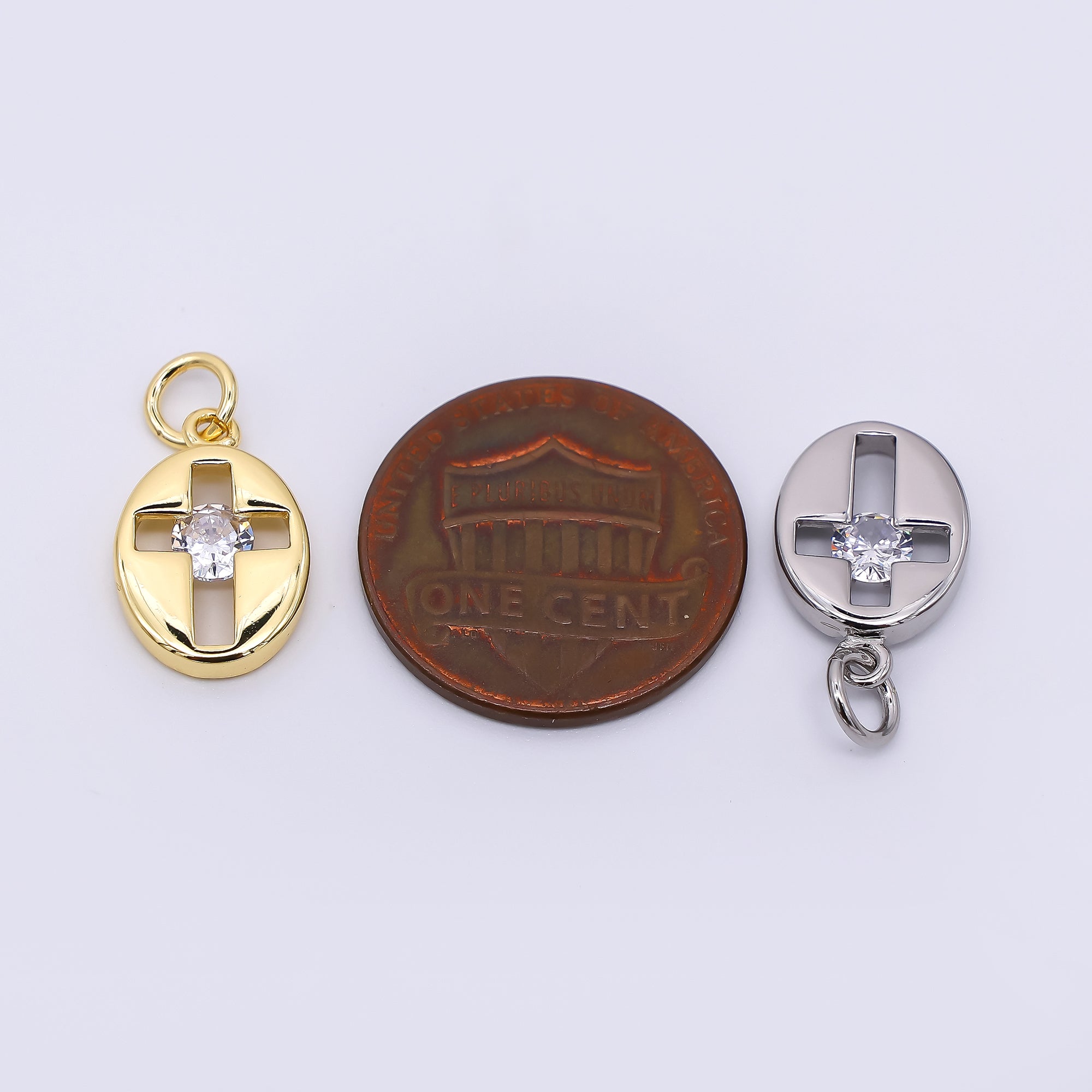 24K Gold Filled 14mm Round CZ Open Christian Cross Coin Charm in Gold & Silver | AC1598