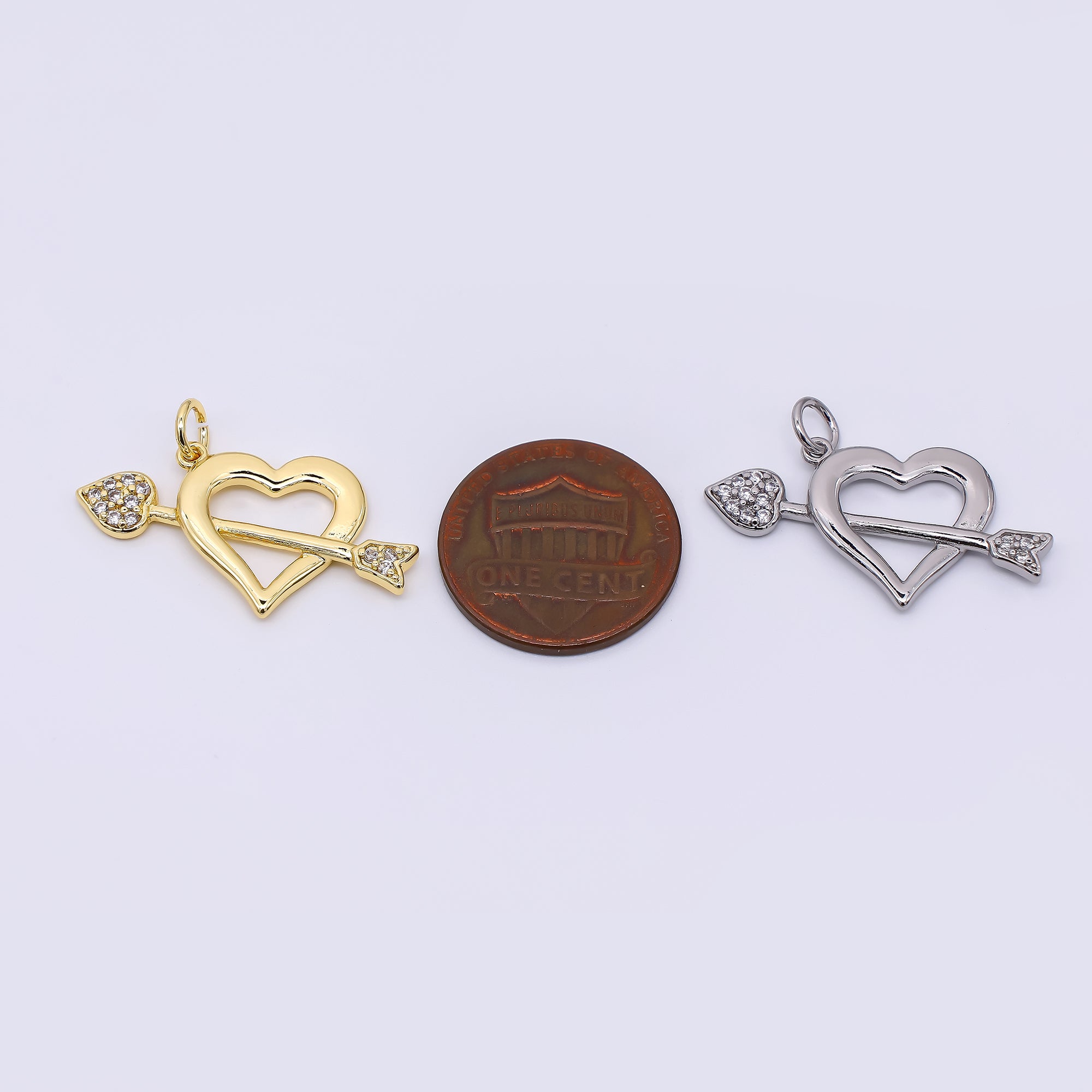 24K Gold Filled 15.5mm Arrowed Heart Shoot Cupid Drop Charm in Gold & Silver | AC1597