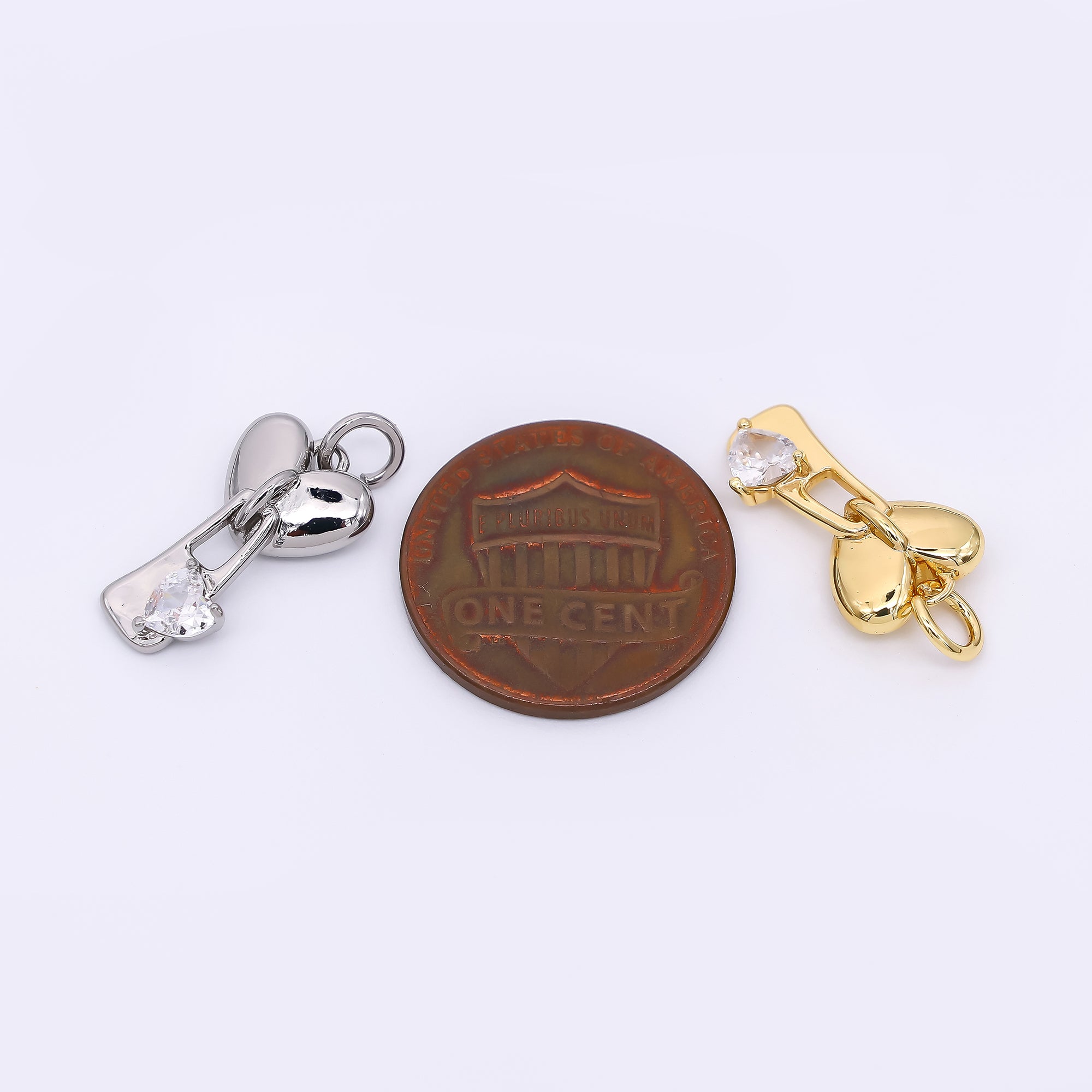 24K Gold Filled 17mm Heart-Shaped CZ Double Heart Love Key Drop Charm | M-580