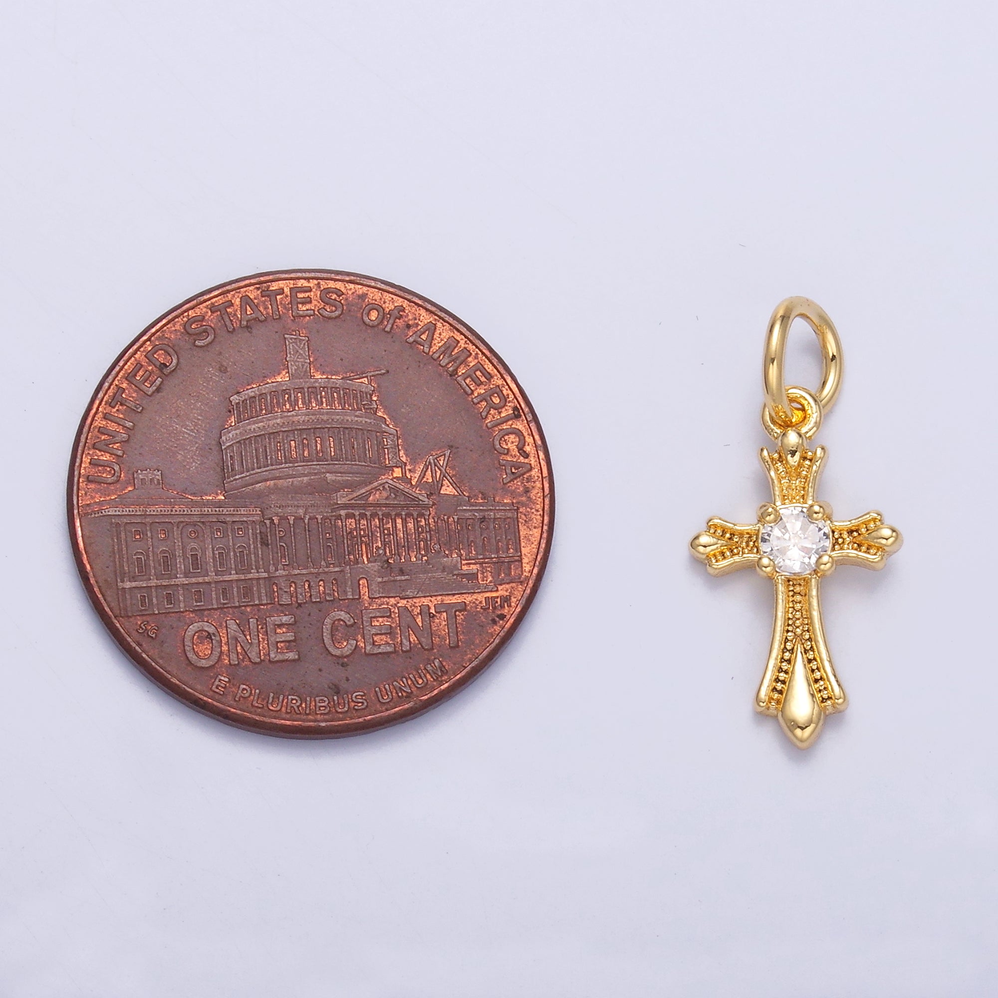 24K Gold Filled CZ Fleur Cross Religious Charm in Gold & Silver | N002