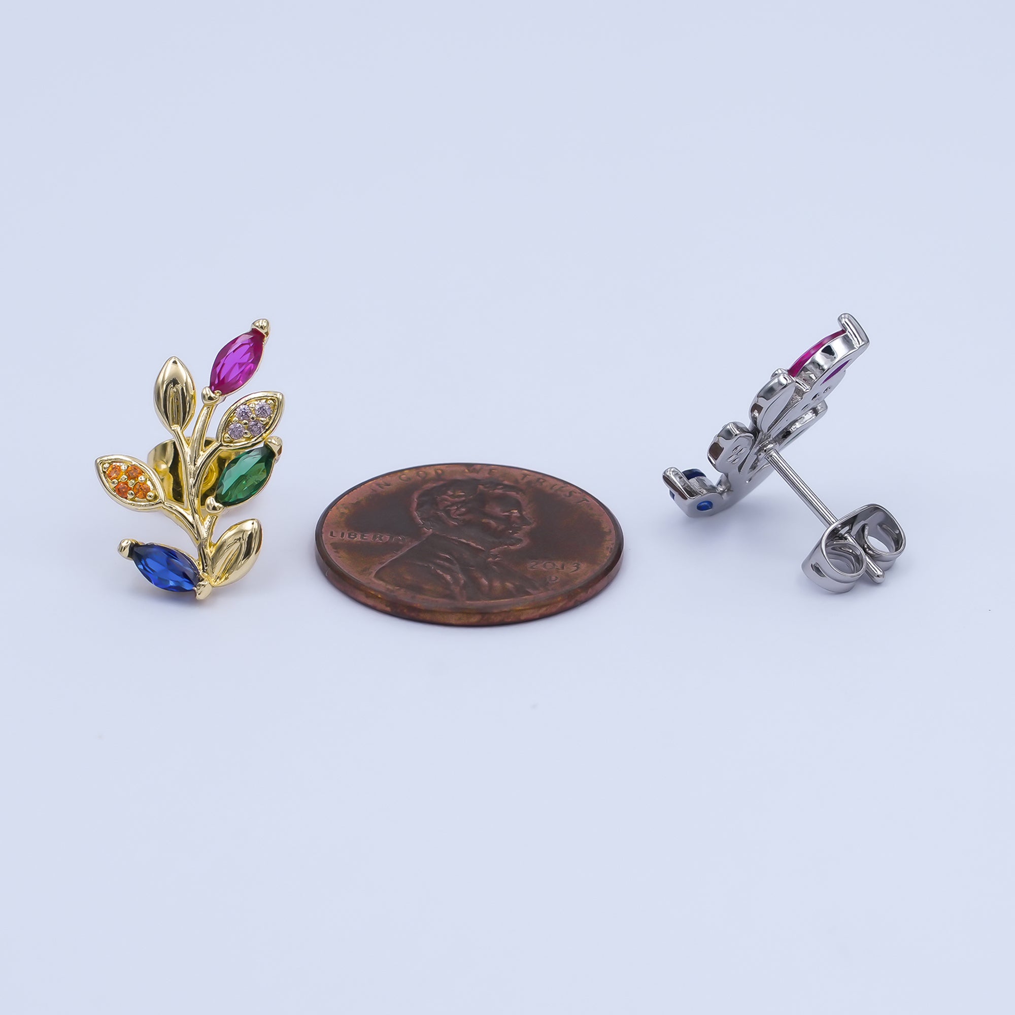 24K Gold Filled Multicolor Micro Paved CZ Leaf Stud Earrings in Gold & Silver | AI543 AI473