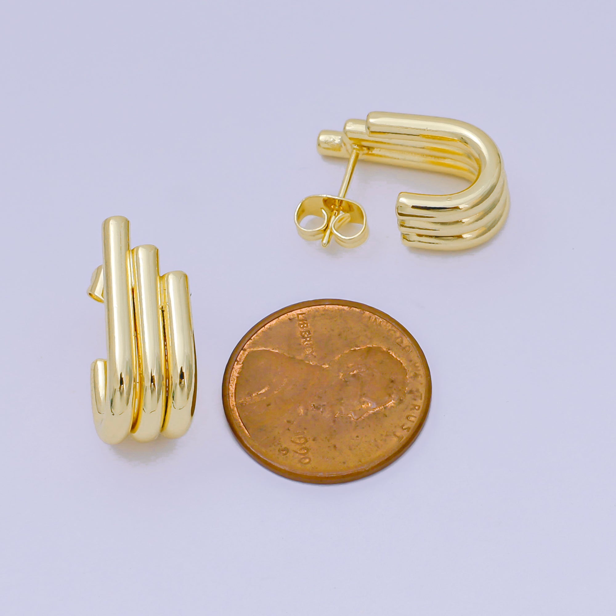24K Gold Filled Ribbed Triple Linear Modern Shaped Hoop Earrings | AJ130