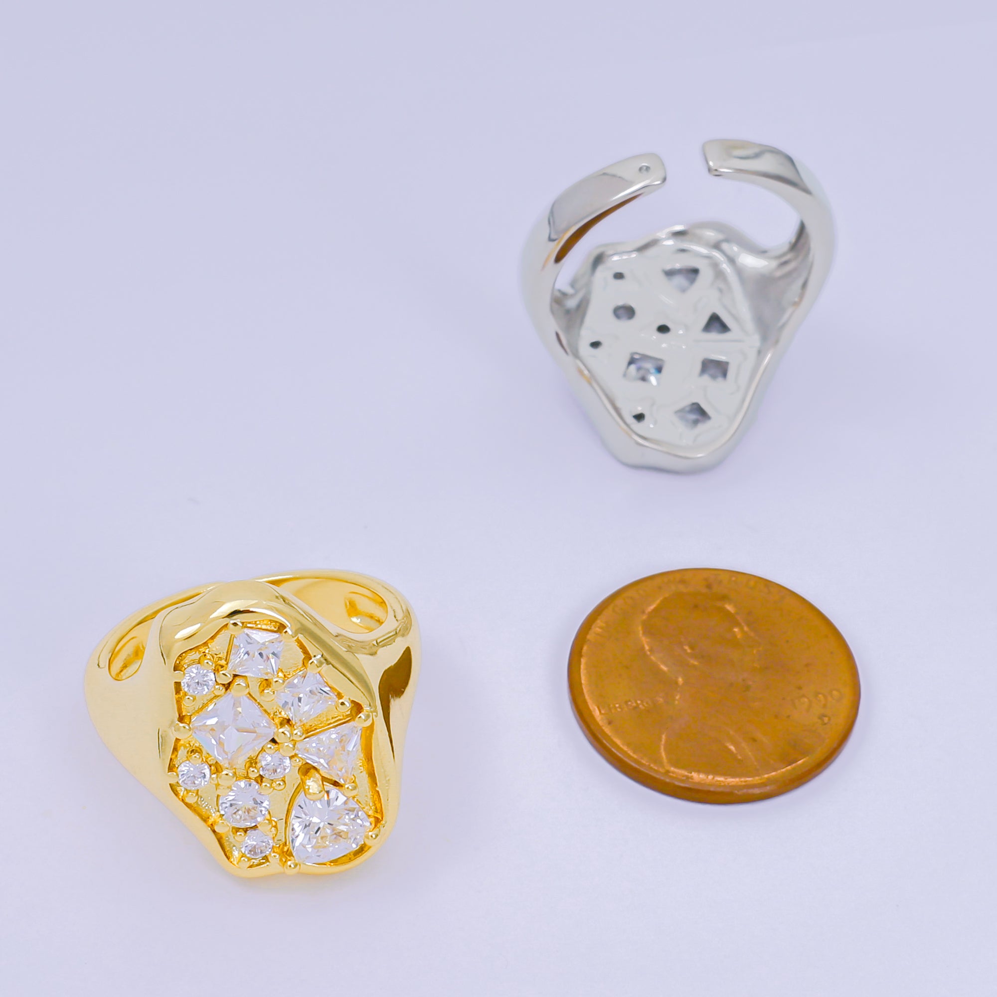 24K Gold Filled Mixed-Cut Clear CZ Abstract Cluster Adjustable Ring in Gold & Silver | O-1081 O-1091