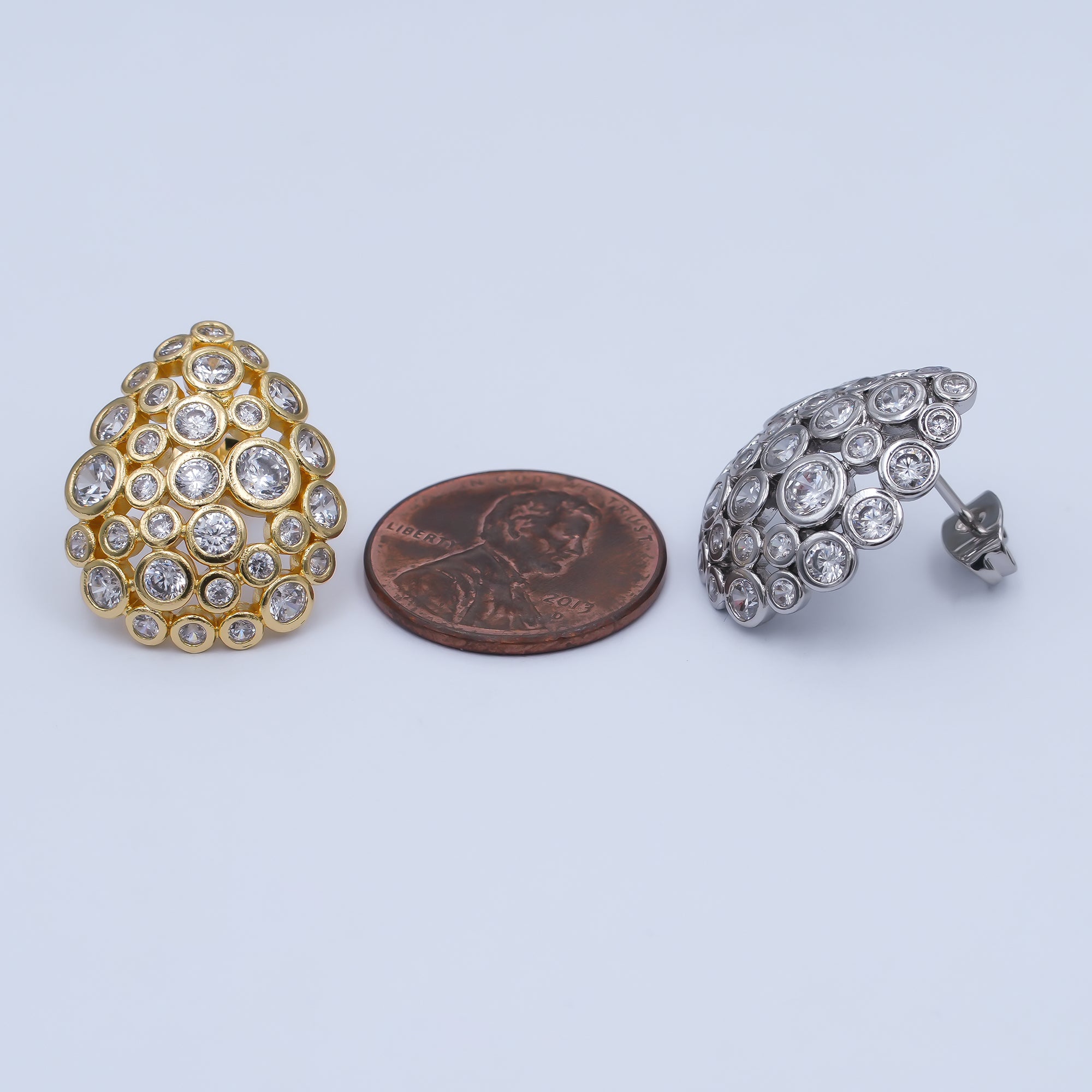 24K Gold Filled Clear CZ Bubble Teardrop Stud Earrings in Gold & Silver | AI471 AI541