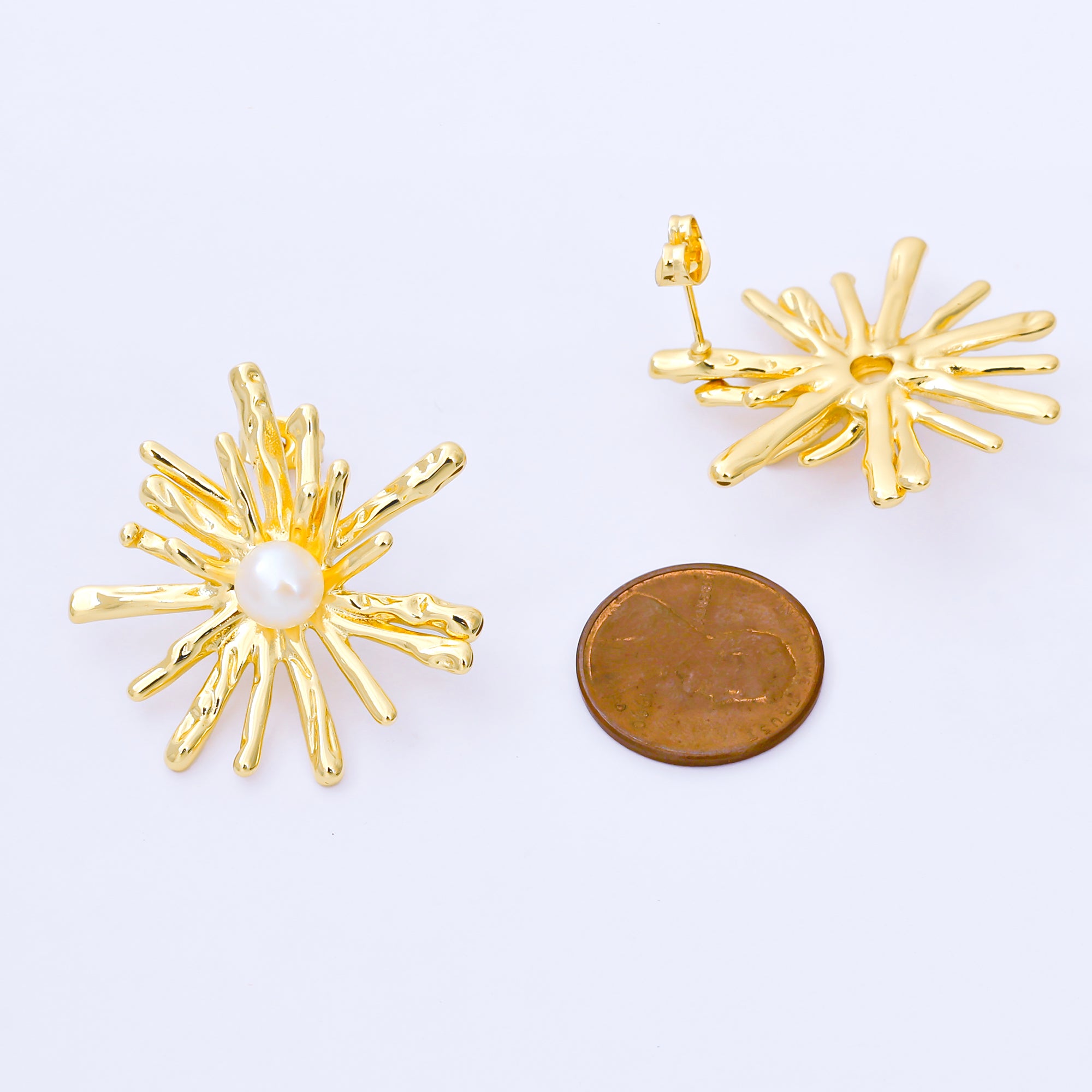 24K Gold Filled 34mm Shell Pearl Sunburst Flower Drop Stud Earrings | AB1598 AB1599