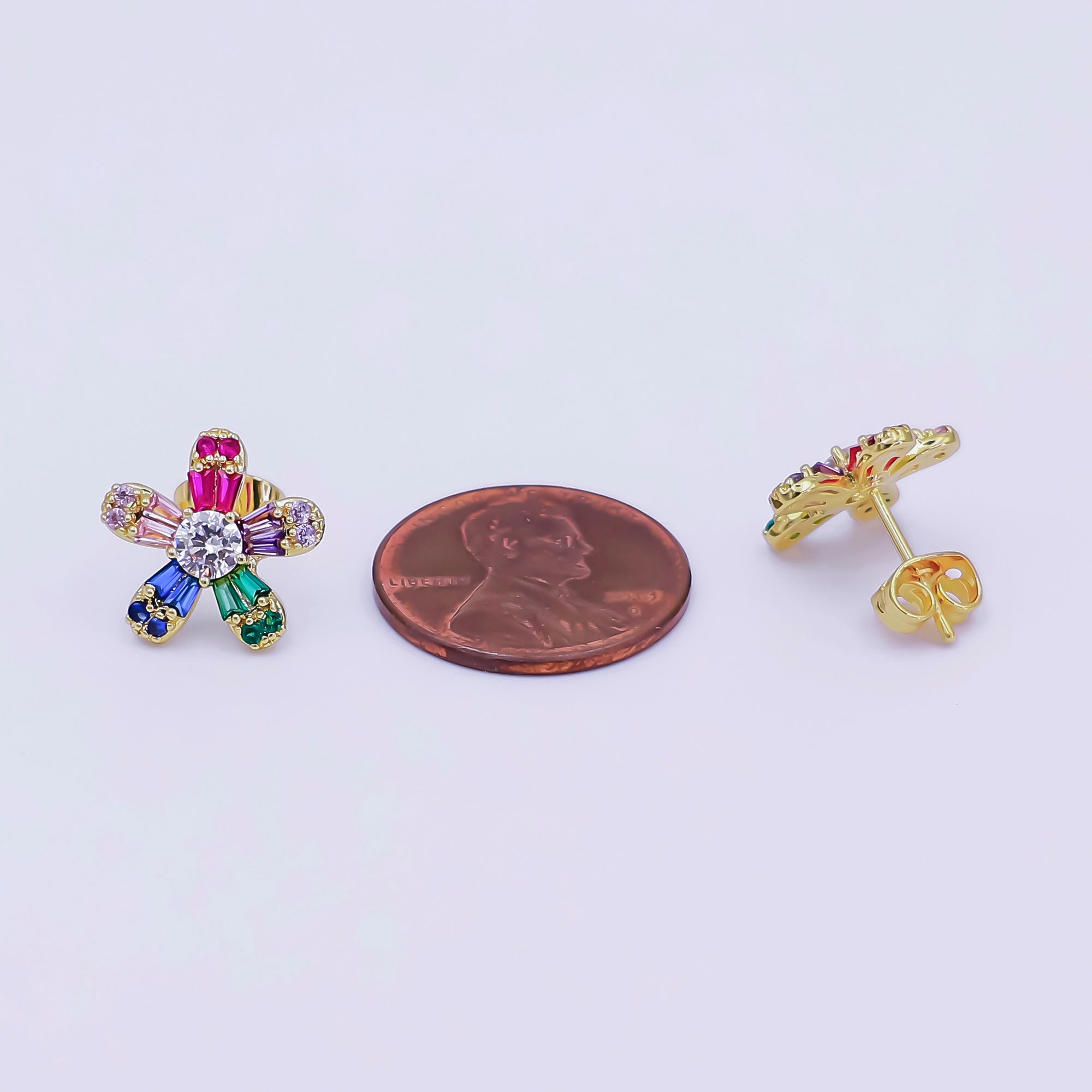 24K Gold Filled Multicolor CZ Flower Stud Earrings in Gold & Silver | AI519 AI520