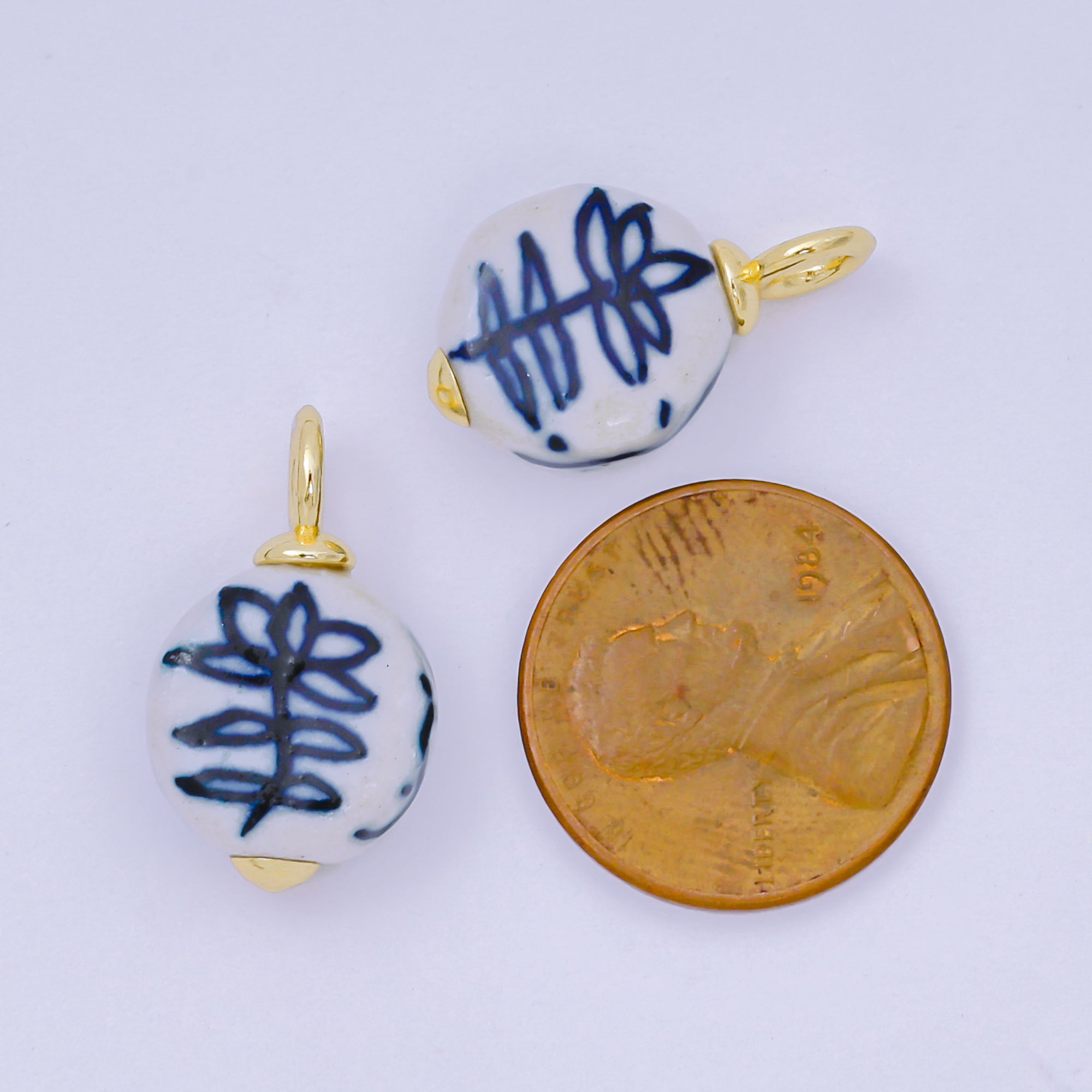 24K Gold Filled 21mm Blue-White Flower Ceramic Porcelain Drop Charm | AF1277