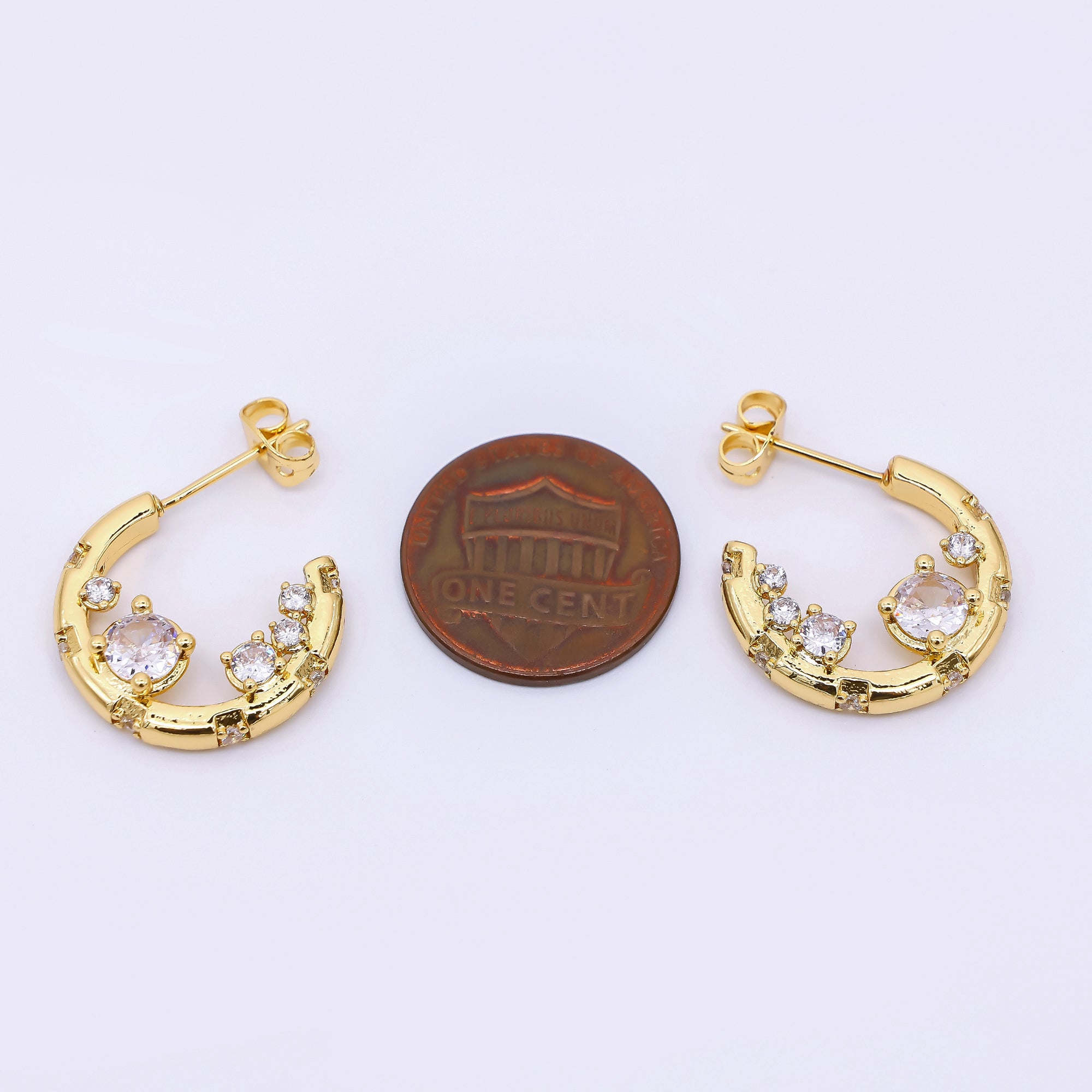 24K Gold Filled Micro Paved CZ Crescent C-Hoops Earrings in Gold & Silver | AJ-079 AJ-080