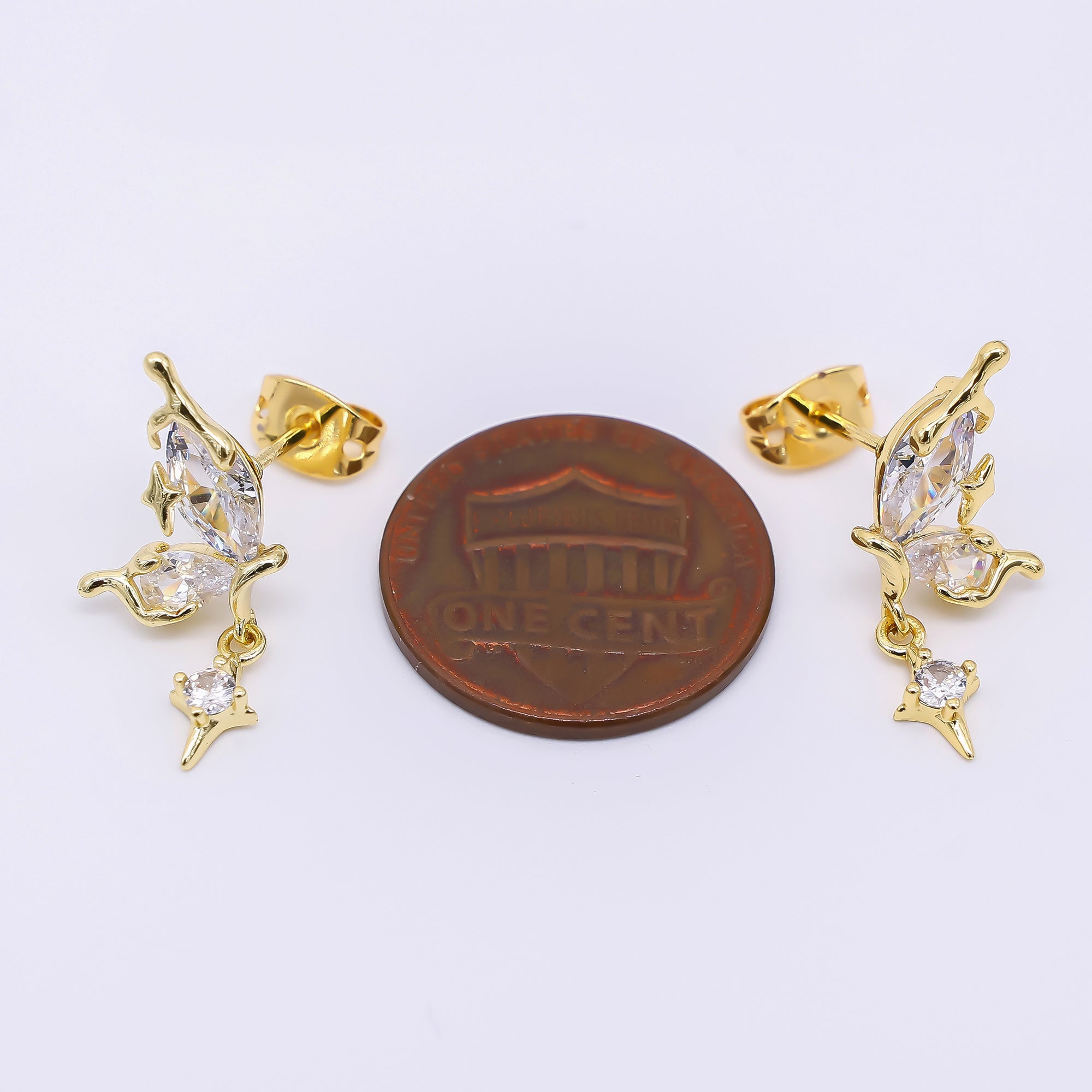 24K Gold Filled Marquise & Teardrop CZ Butterfly Wings Set Drop Studs Earrings in Gold & Silver | AJ-038 AJ-039