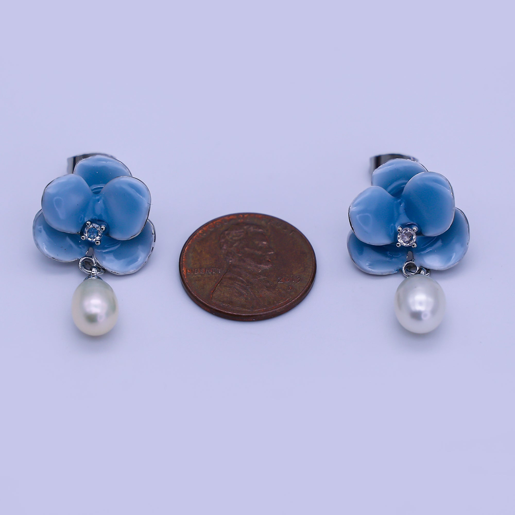 24K Gold Filled Round CZ Enamel Art Sky Blue Orchid Flower Shell Pearl Drop Stud Earrings in Gold & Silver | AJ-106 AJ-107