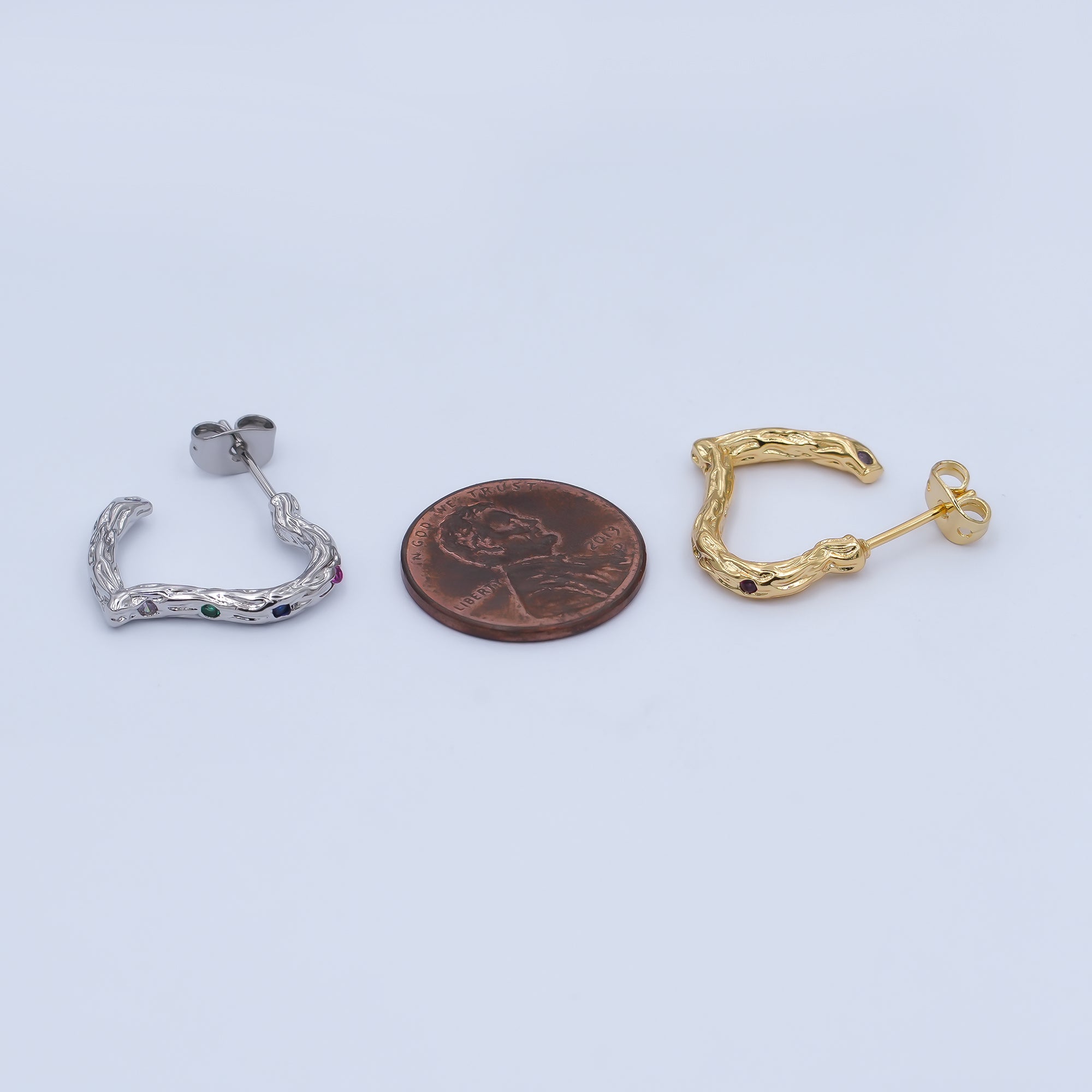 24K Gold Filled Multicolor CZ Hammered J-Shaped Hoop Earrings | AI470 AI493