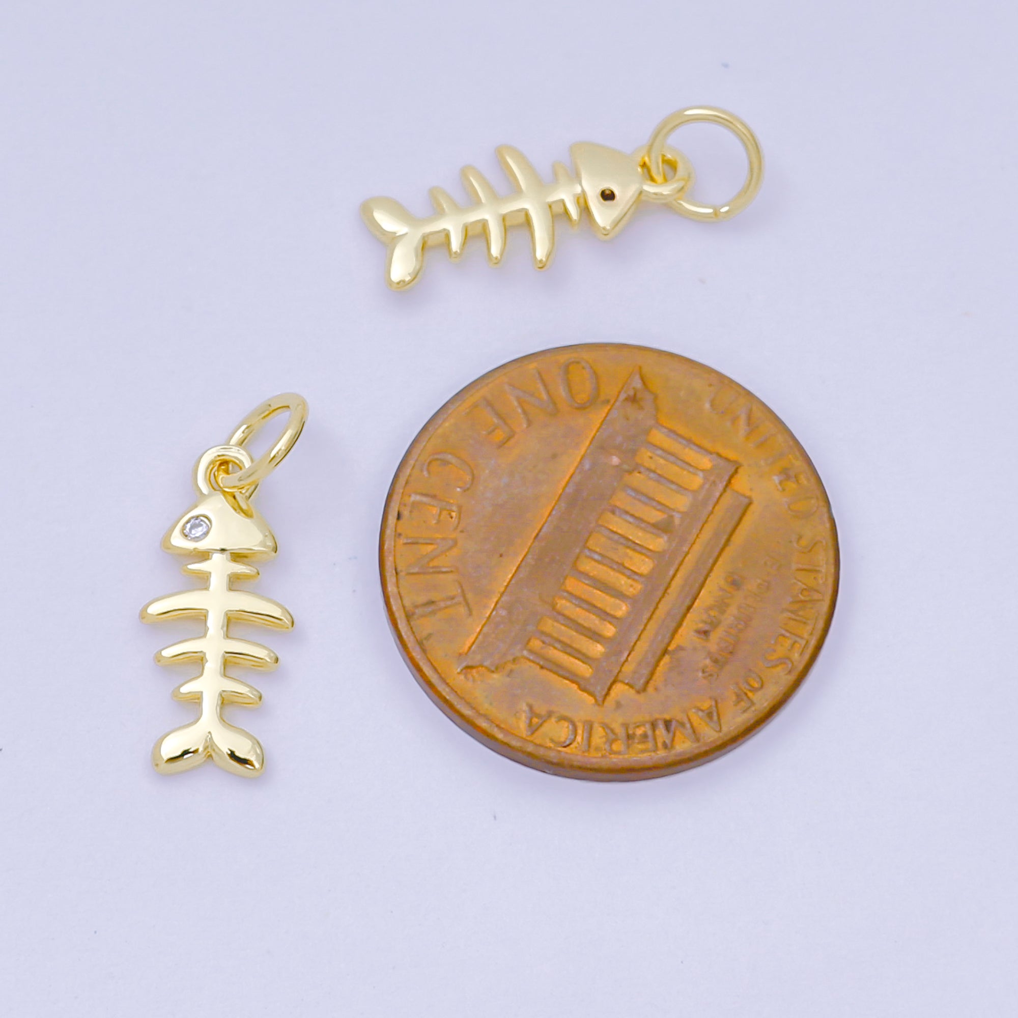 24K Gold Filled 14mm Round CZ Fishbone Simple Charm | D-102