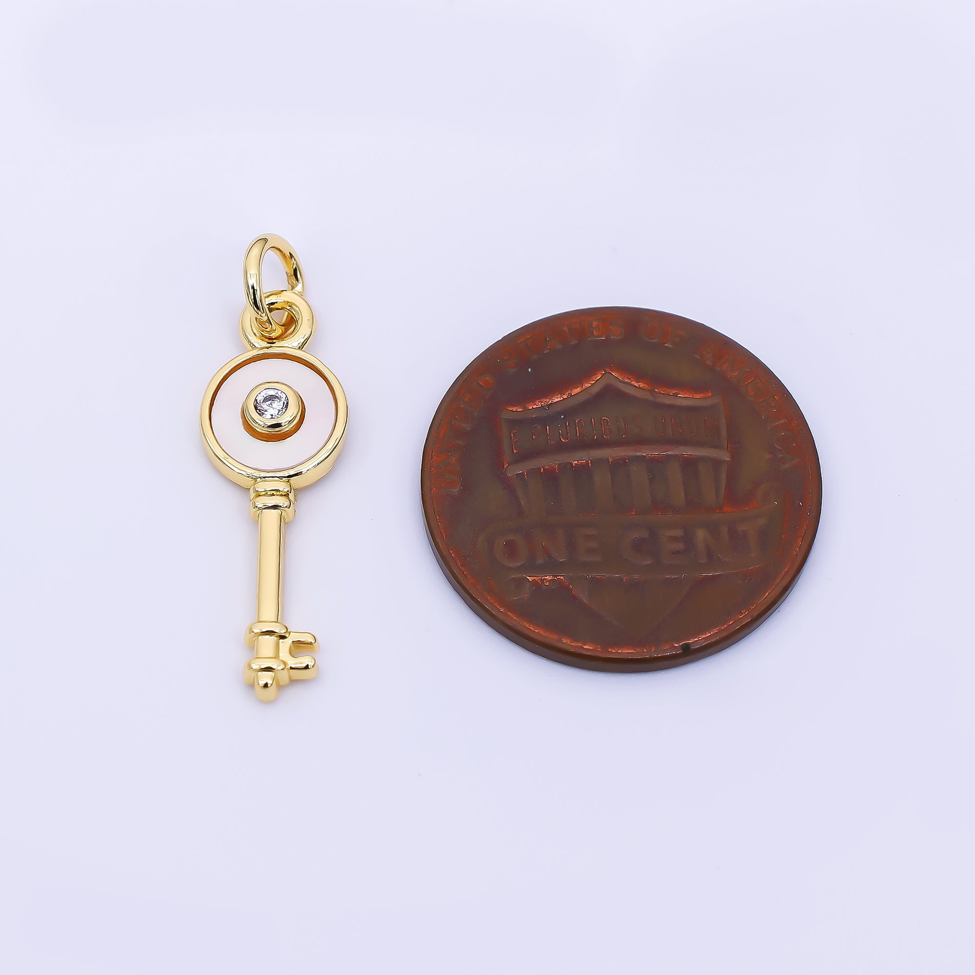 24K Gold Filled 21mm Round CZ Mother of Pearl Art Key Charm | AH-563