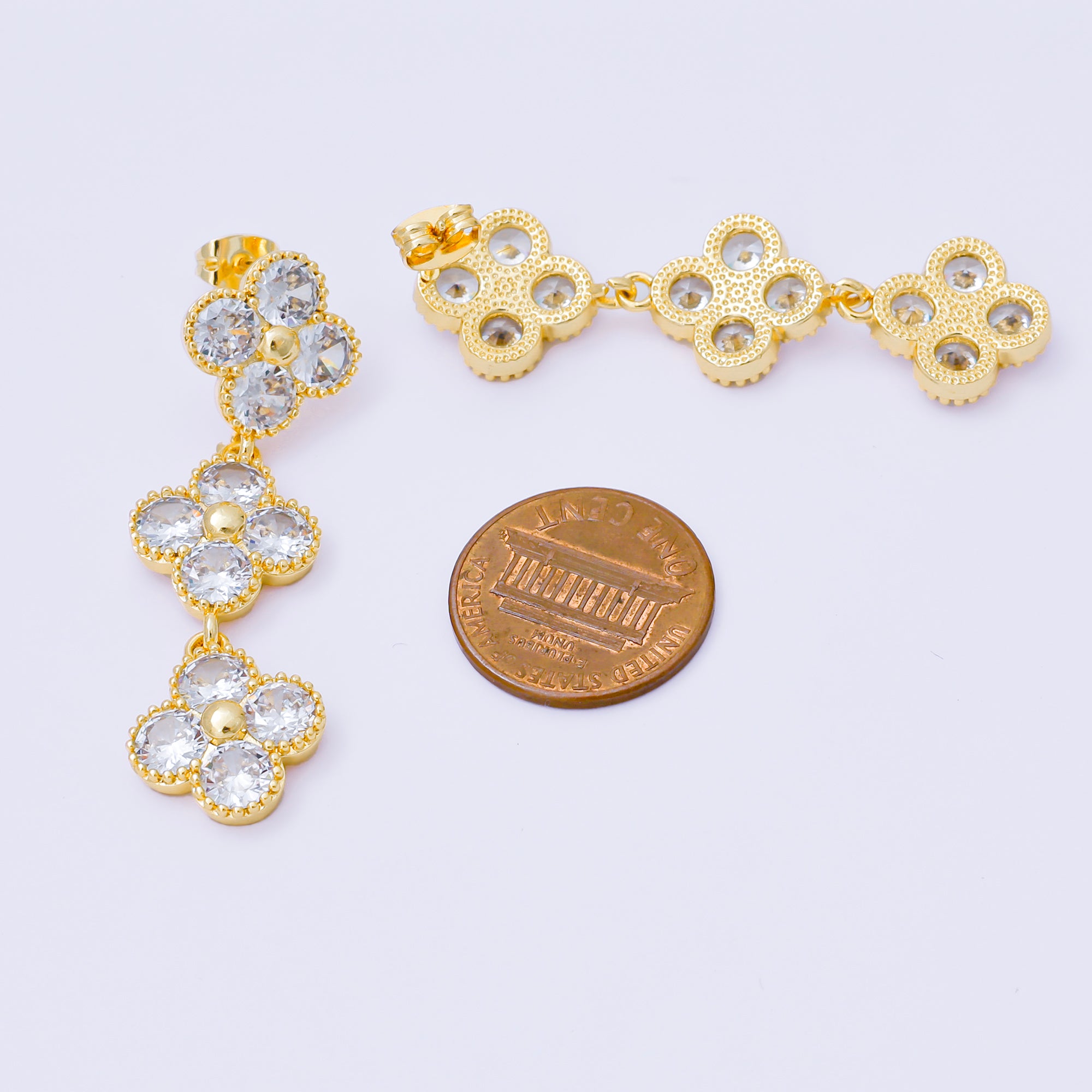24K Gold Filled Triple-Row Clover Leaf Micro Paved CZ Drop Studs Earrings | AB1566