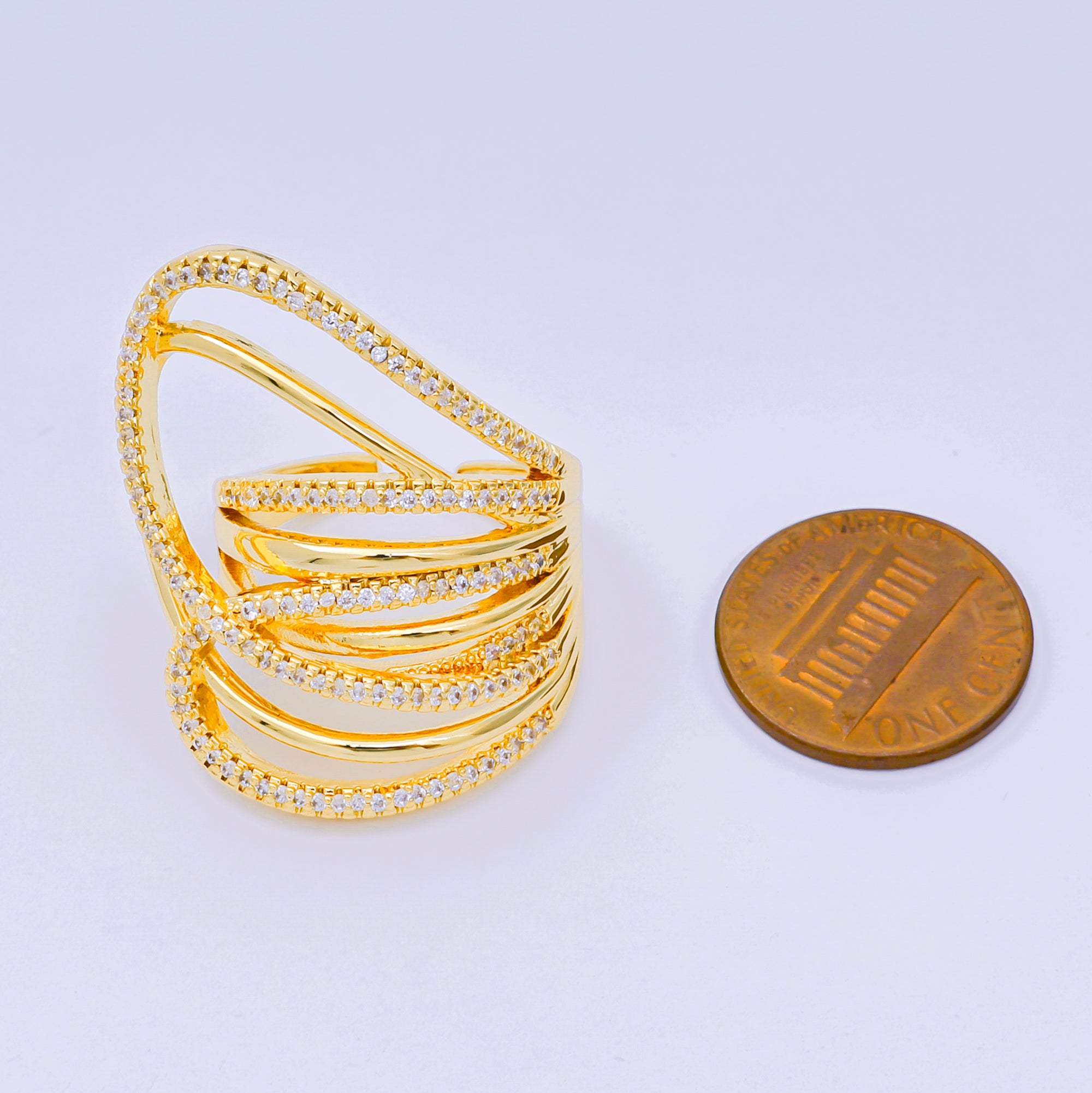 24K Gold Filled Micro Paved CZ Cascade Stackable Wave Adjustable Ring | O-1477