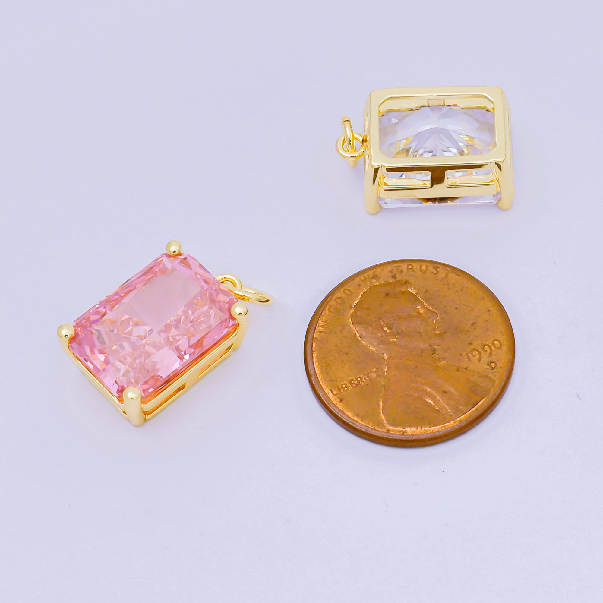 24K Gold Filled 16.5mm Clear & Pink Rectangular CZ Dainty Minimalist Charm | D-397