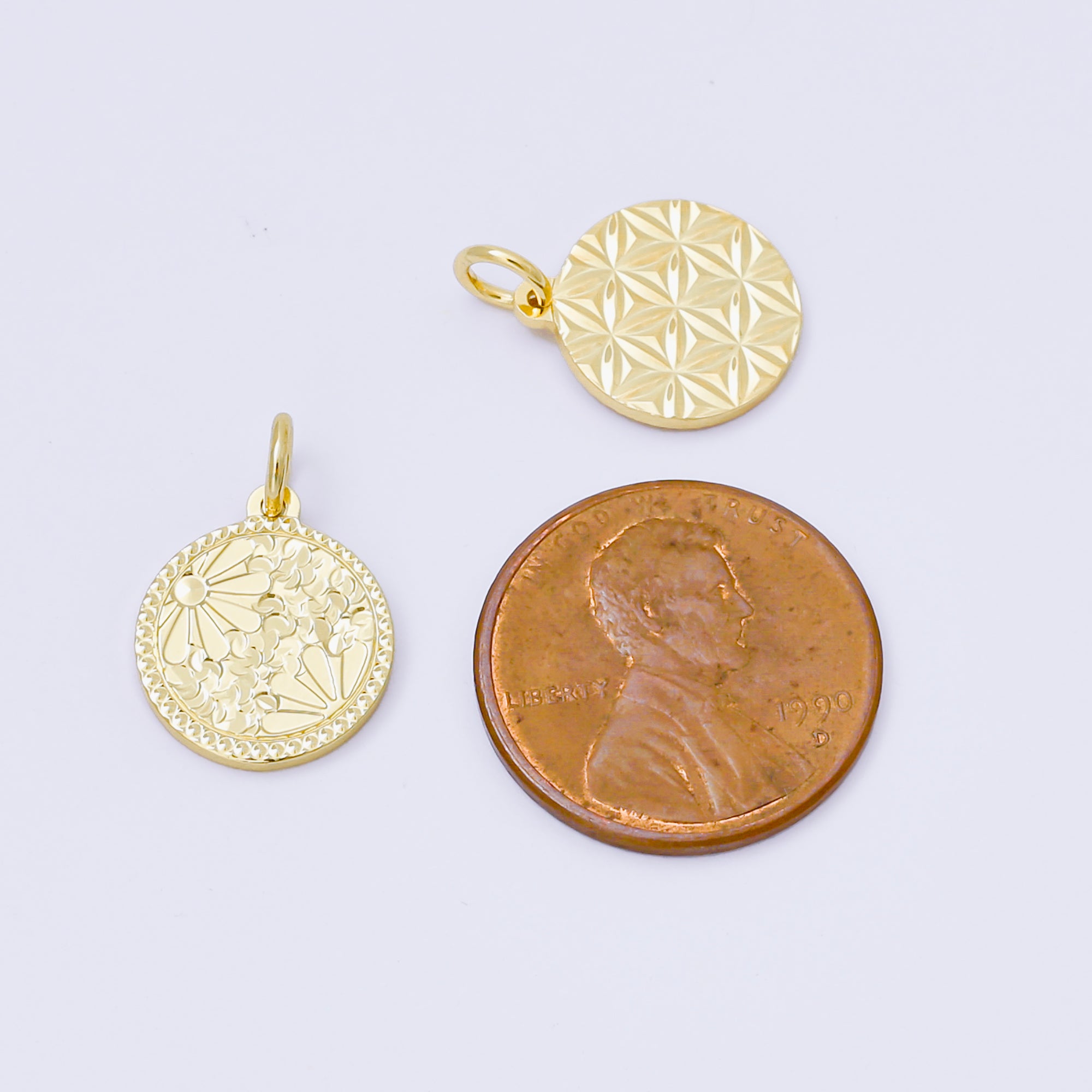 24K Gold Filled 14mm Floral Medallion Coin Charm | AF1249