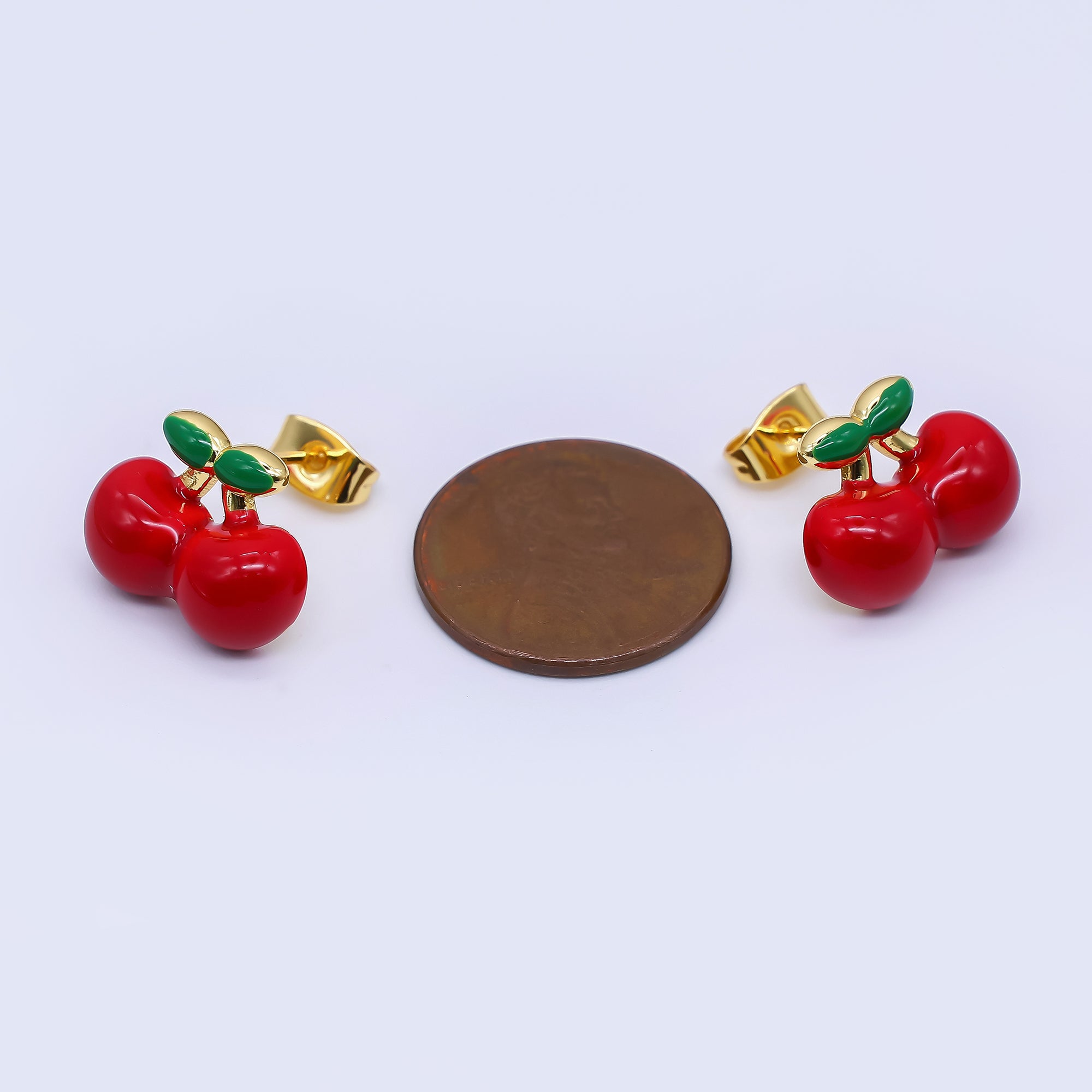 24K Gold Filled 12mm Red Enamel Cherry Fruit Stud Earrings | Q515