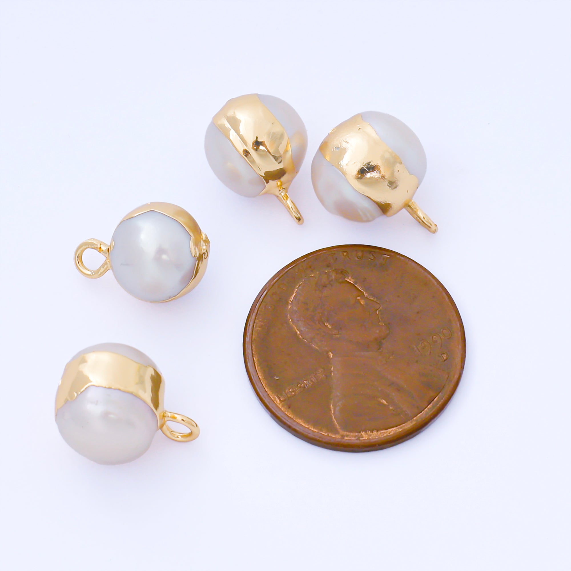 24K Gold Filled 12mm Bezel Setting Round Shell Pearl Dainty Drop Charm | AF581